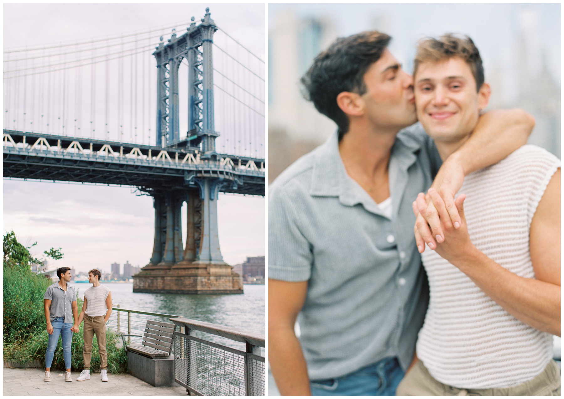 man hugs boyfriend around shoulder in front of Brooklyn Bridge in New York City 