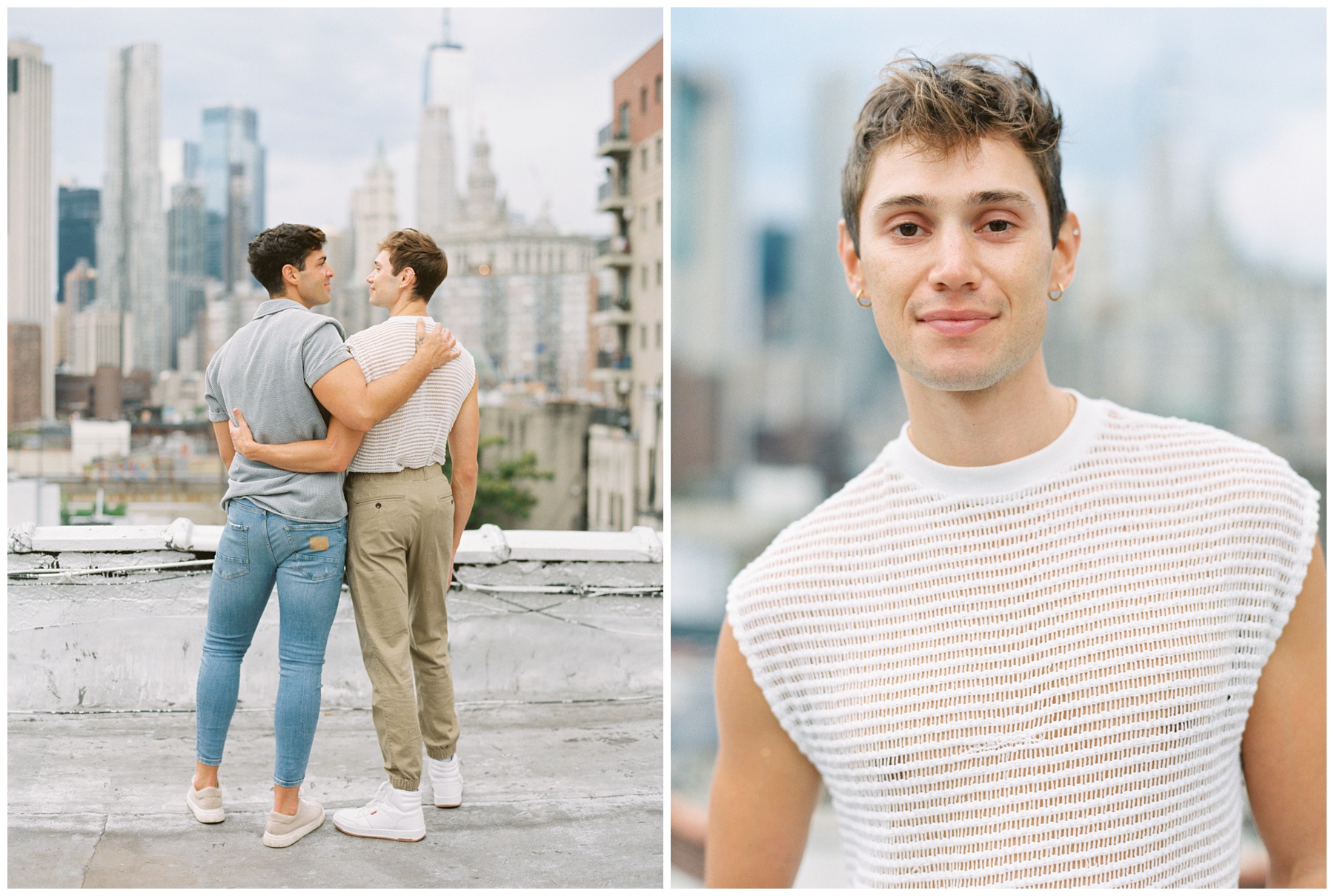two men hug on apartment balcony looking over New York City skyline during NYC engagement portraits 
