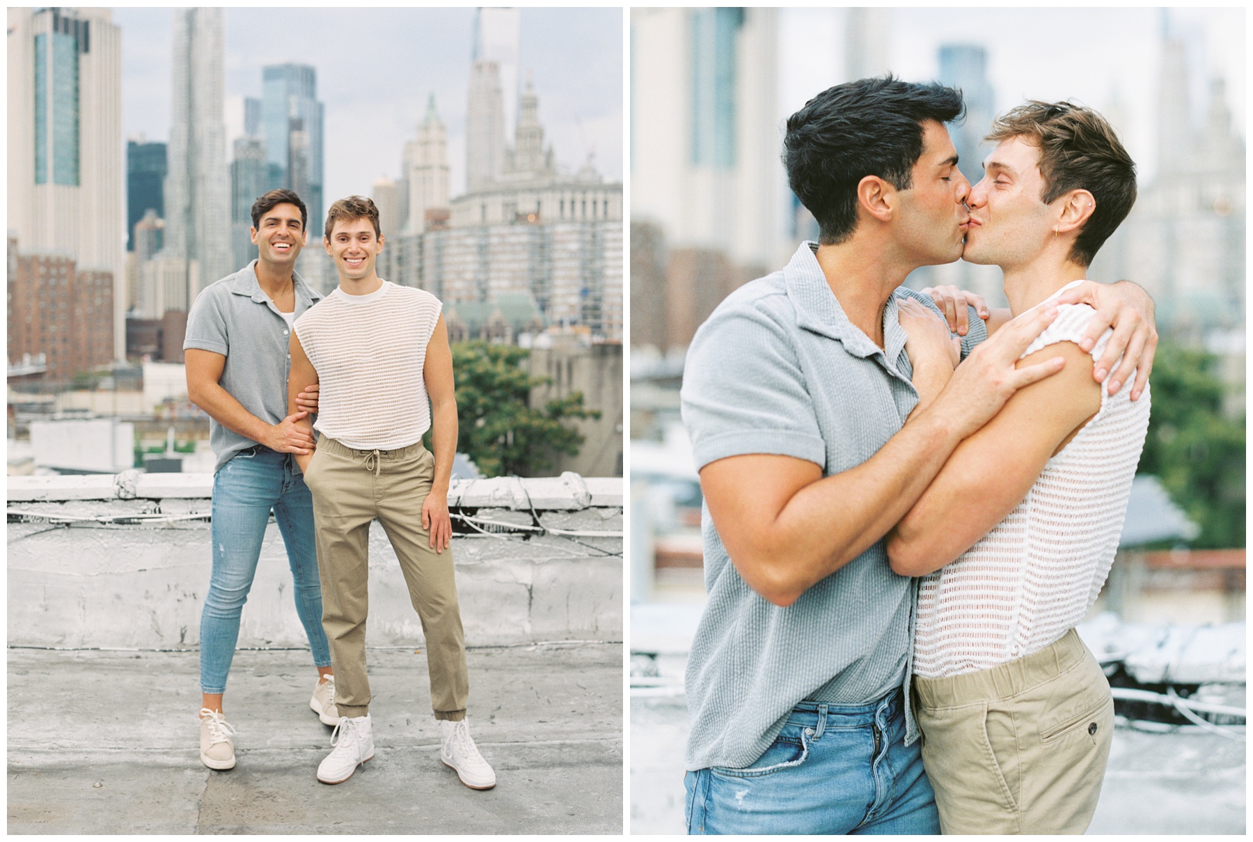 engaged couple kisses on apartment patio during New York City engagement session