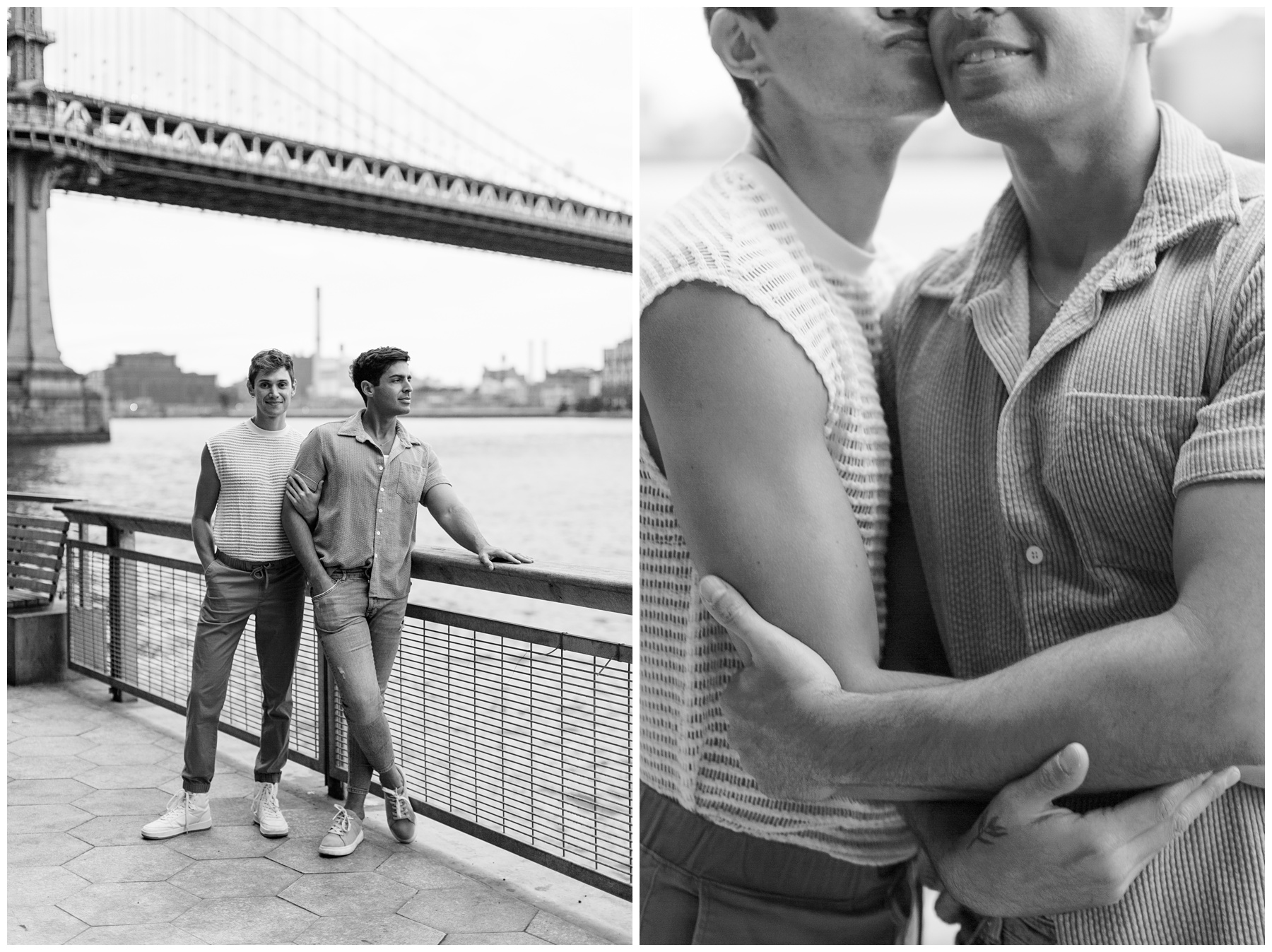 black and white portraits of two men by NYC bridge during New York City engagement session