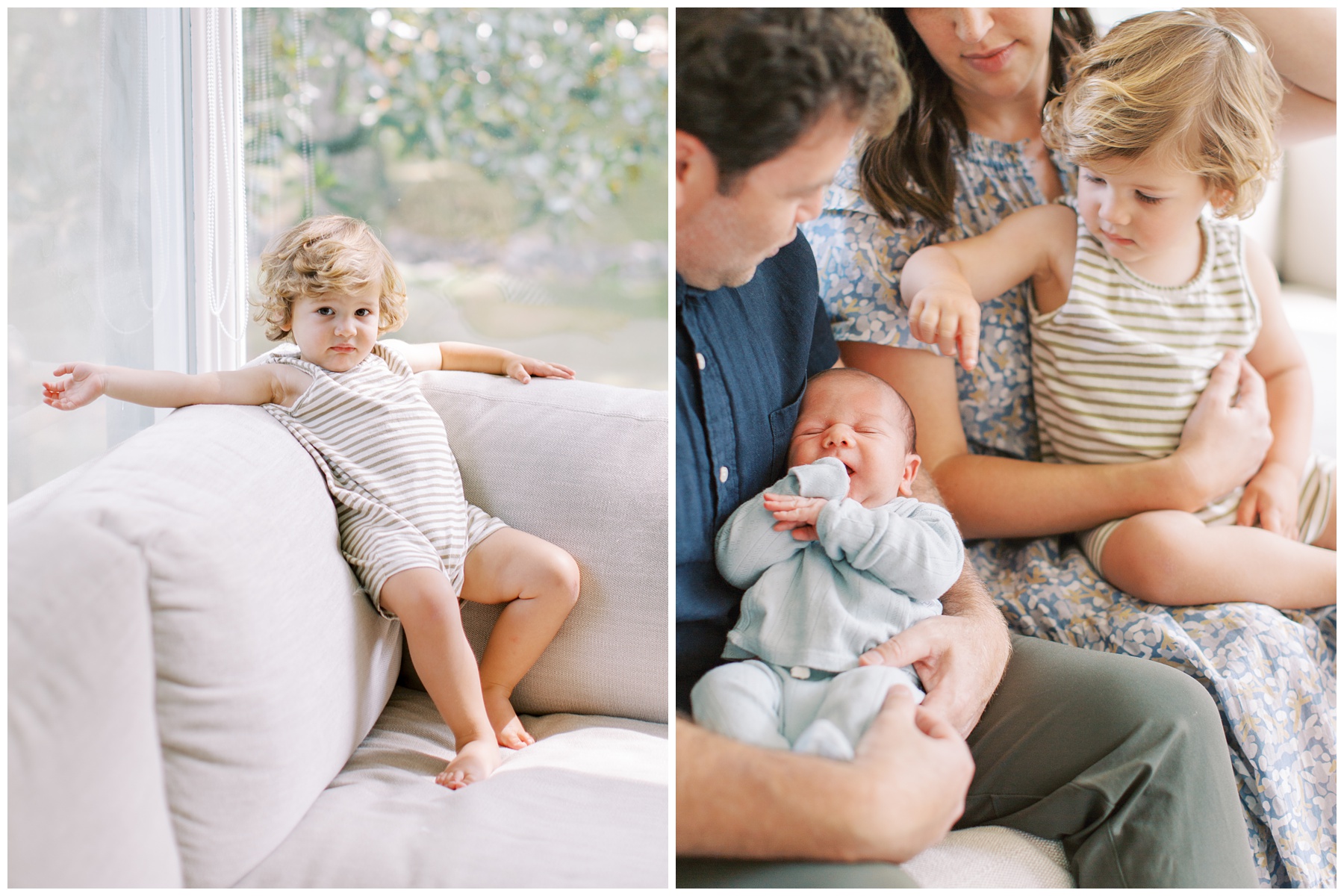 parents snuggle with two sons on couch during Charlotte in-home newborn session
