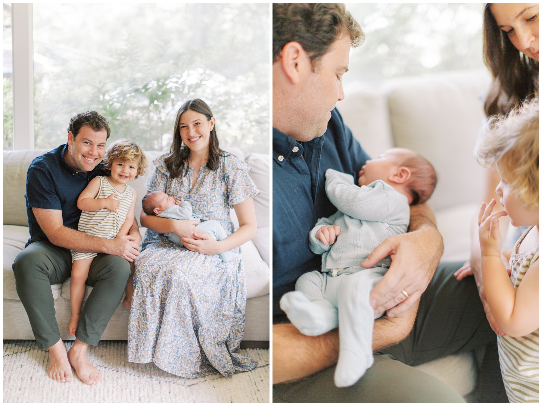 parents hug newborn son while talking with toddler during Charlotte in-home newborn session