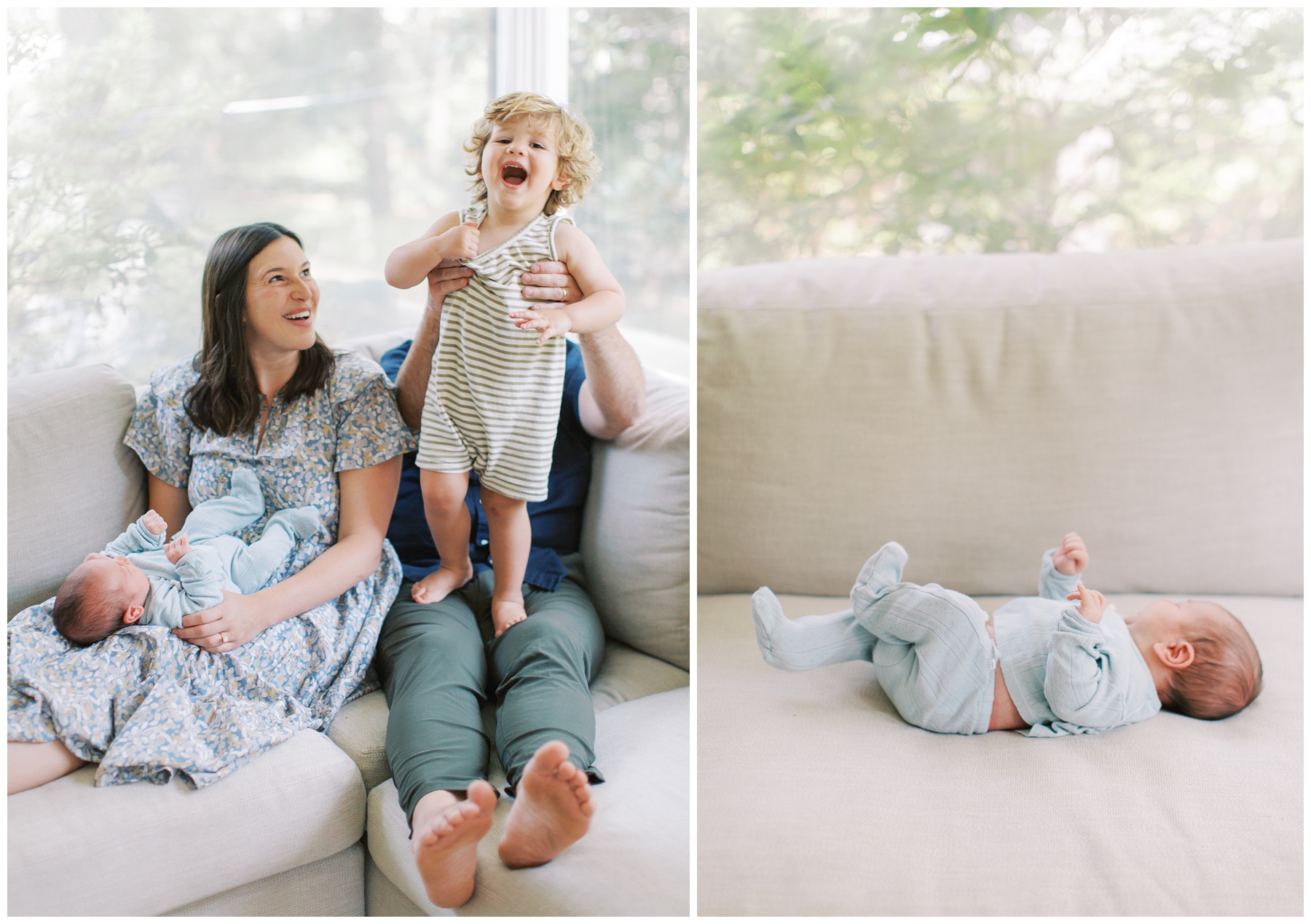 mom and dad sit with newborn son and toddler on white couch making toddler laugh during family photos at home 