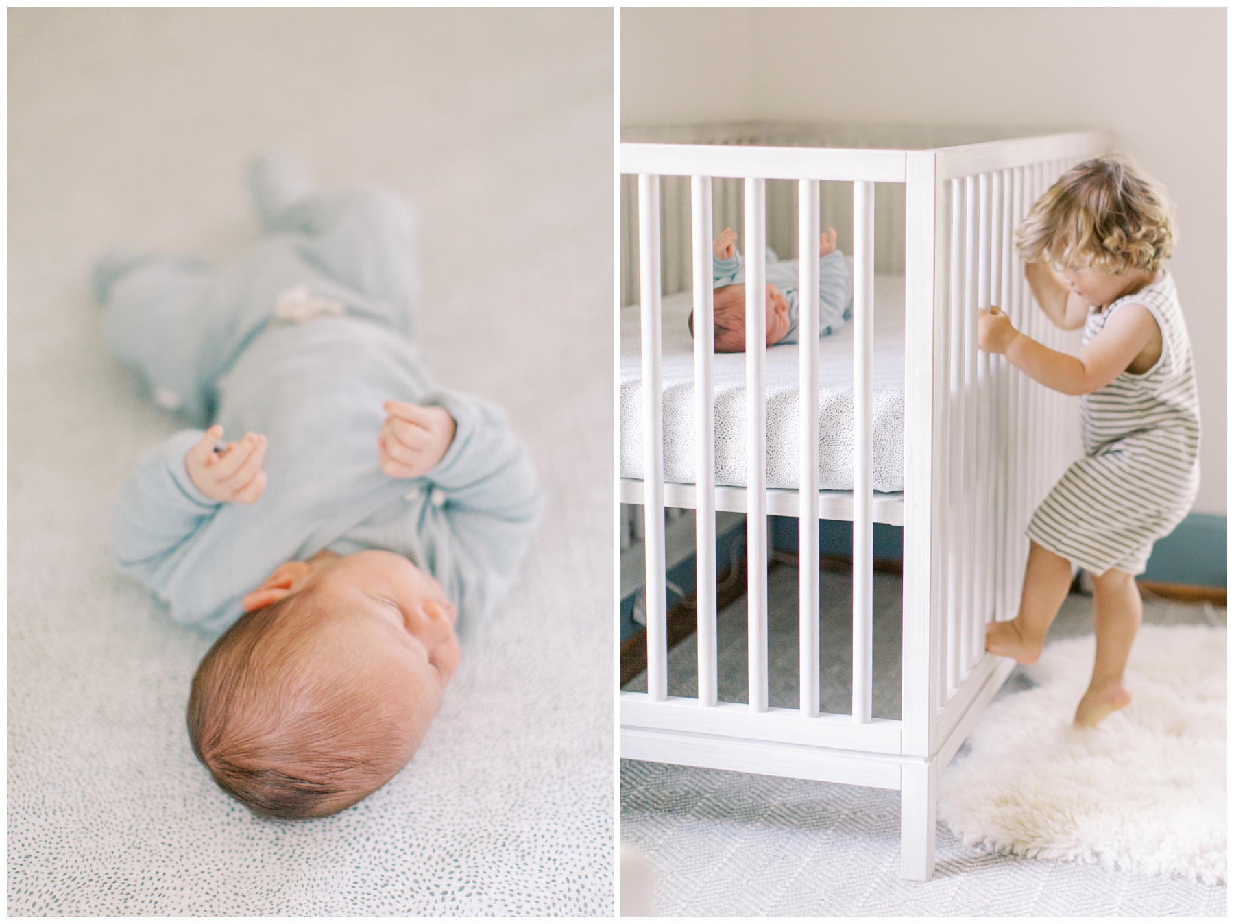 newborn baby boy lays in crib while toddler brother stands on side looking at him 