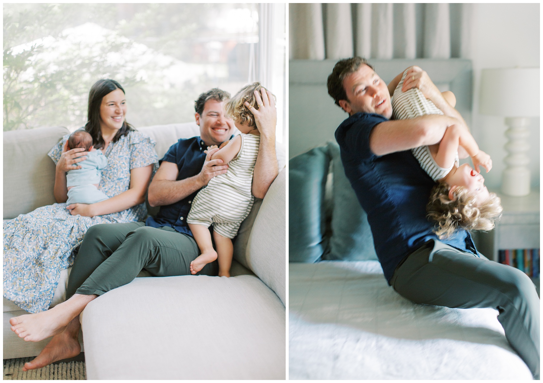 mom in blue and white dress holds son on chest while dad plays with toddler at home during family photos 
