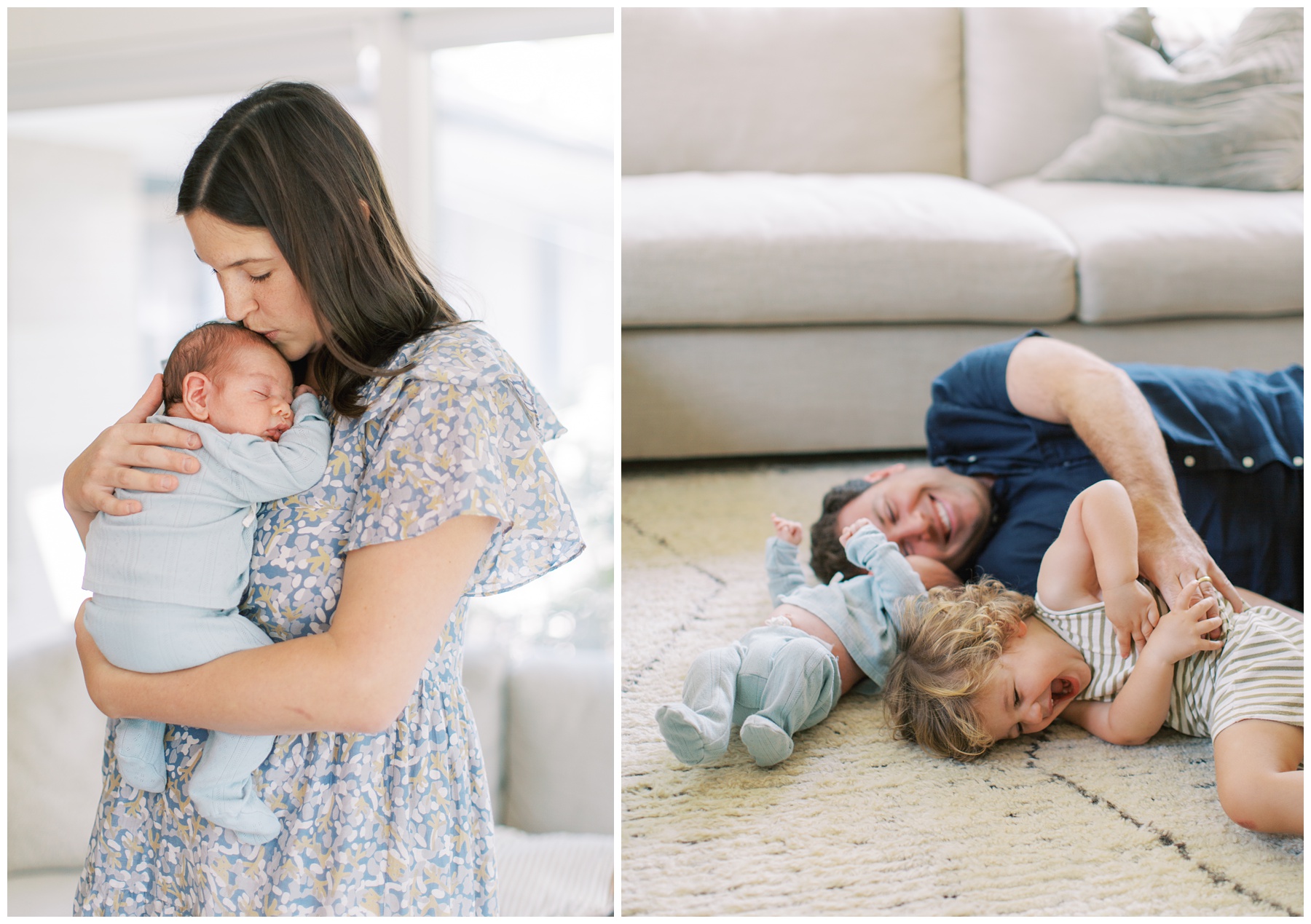 mom holds newborn son on chest kissing his head next to photo of dad playing with toddler son on rug with new baby laying by them 