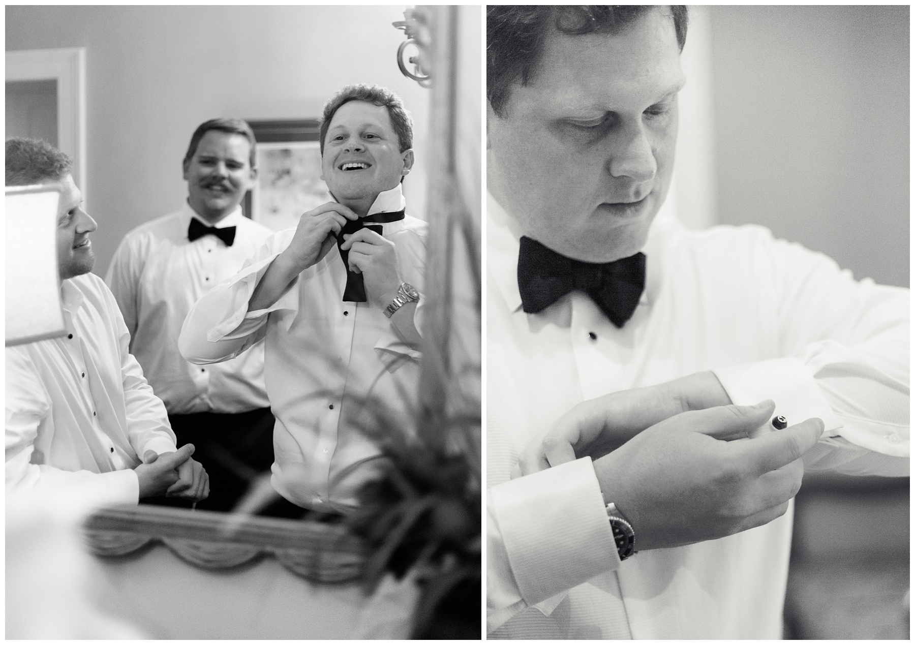 groom prepares for Charleston SC wedding day with groomsmen inside the Governor Thomas Bennett House