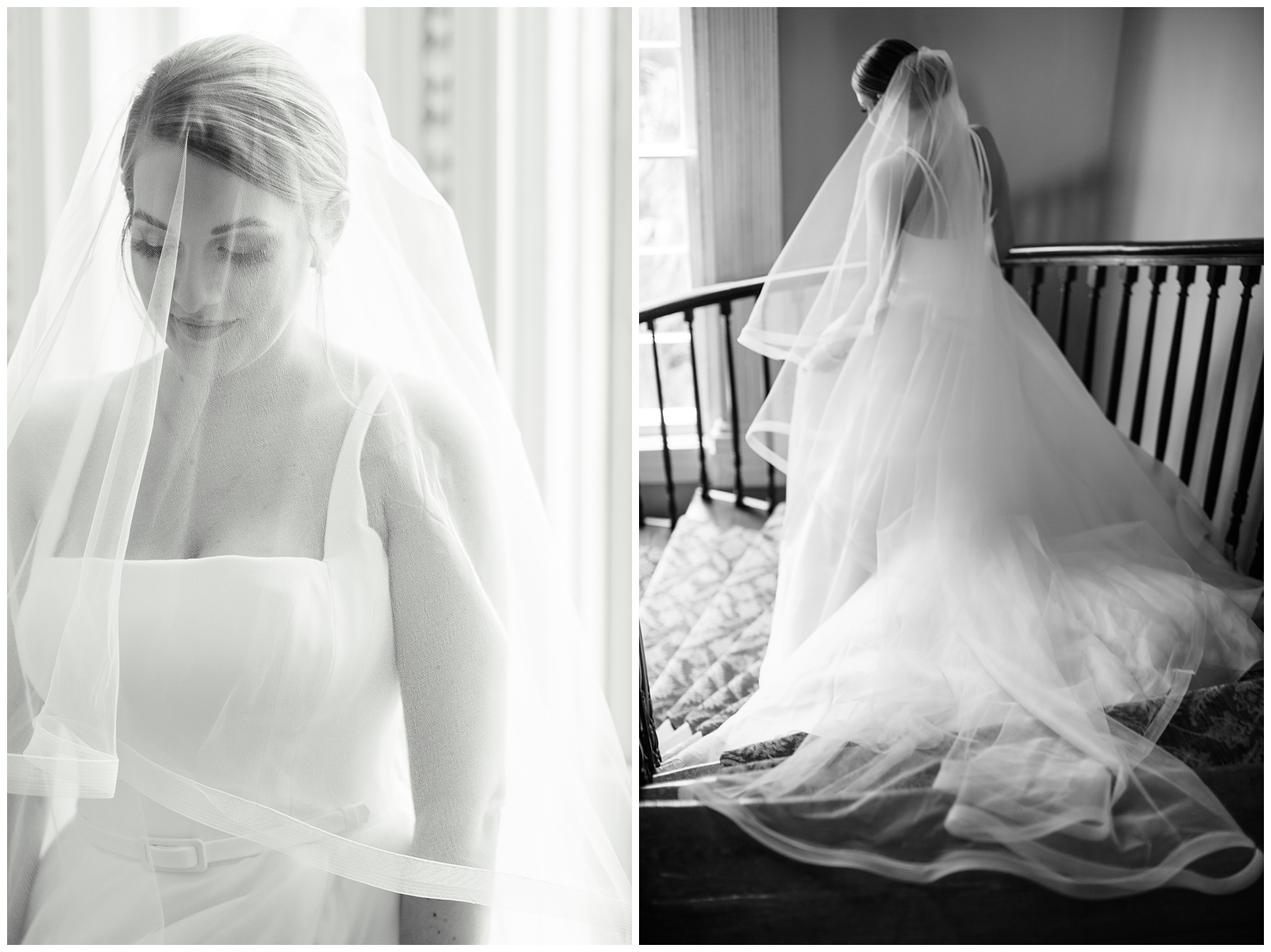 black and white bridal portrait of bride under veil walking down staircase inside the Governor Thomas Bennett House