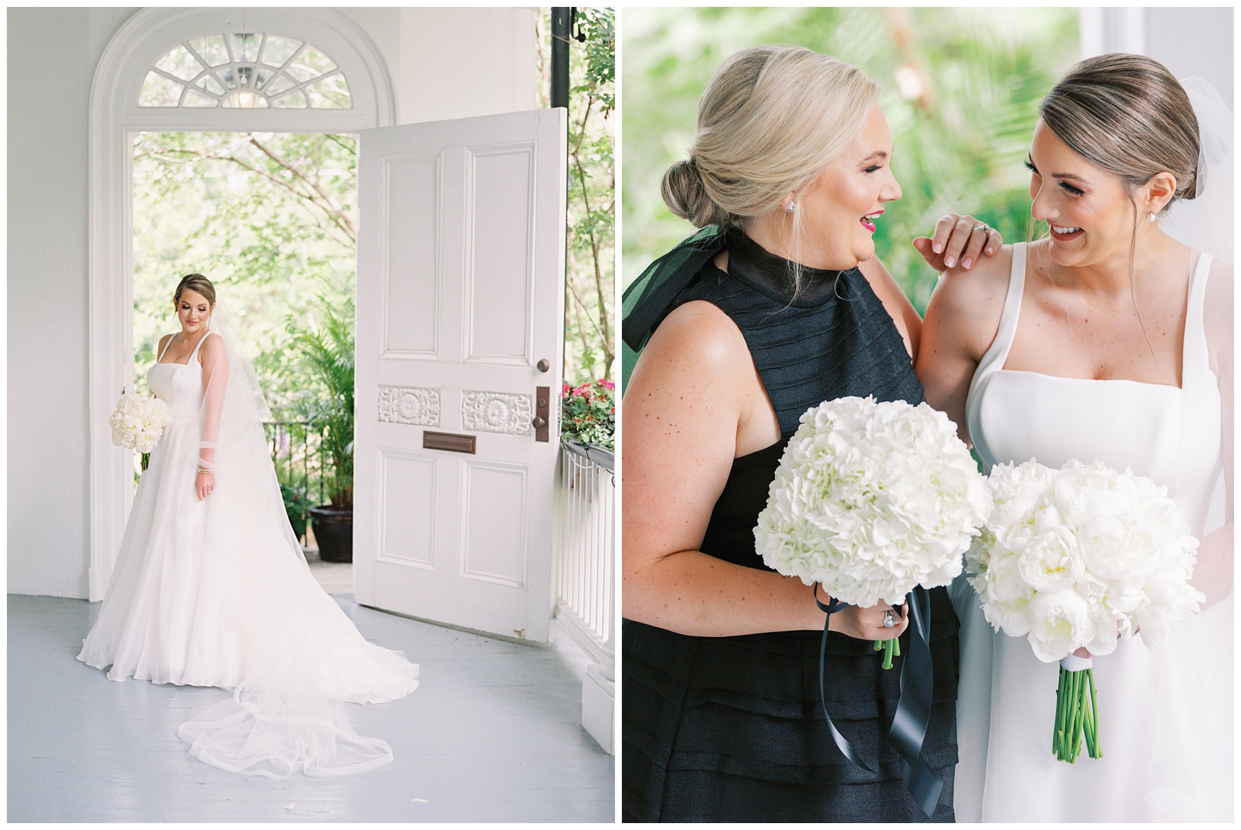 bride poses in front of white doorway of the Governor Thomas Bennett House laughing with bridesmaid holding all white bouquets 