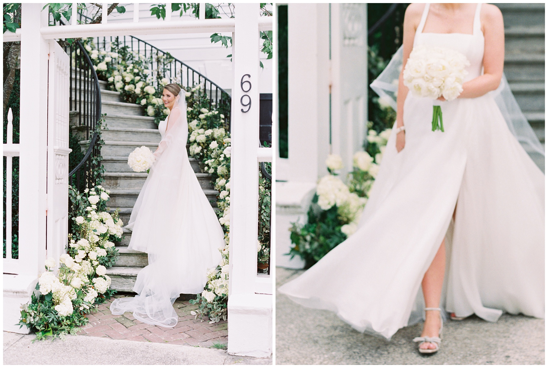 bride poses on staircase lined with ivory roses and greenery at the Governor Thomas Bennett House
