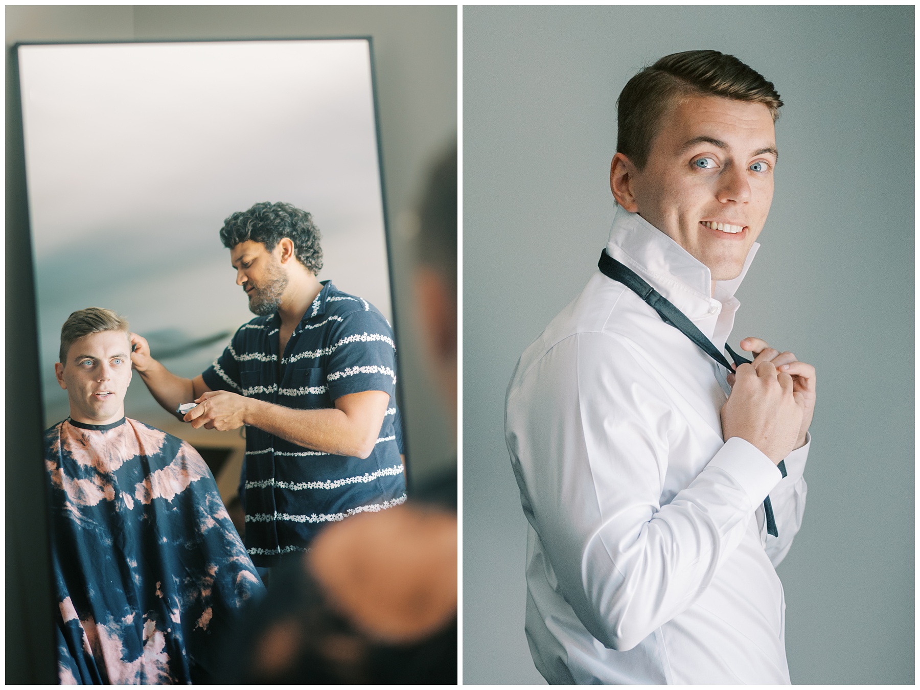 barber gives groom hair cut on wedding morning while he adjusts bowtie around neck