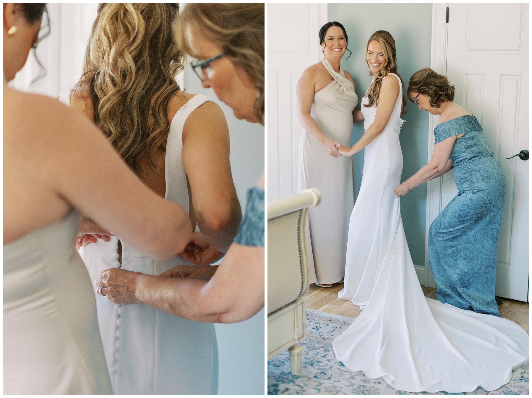 mother of bride and sister help bride with buttons on back of wedding gown in suite at The Bradford