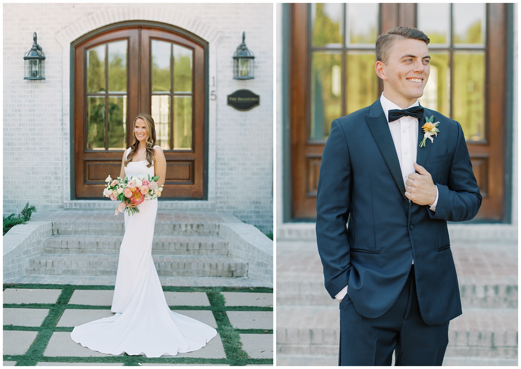 bride stands on patio holding summer bouquet of coral and pink flowers while groom looks to side holding lapel of navy suit