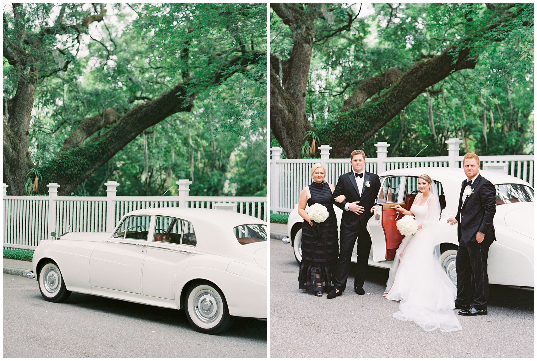 bride and groom pose with maid of honor and best man beside classic white car on street in Charleston alongside white picket fence 