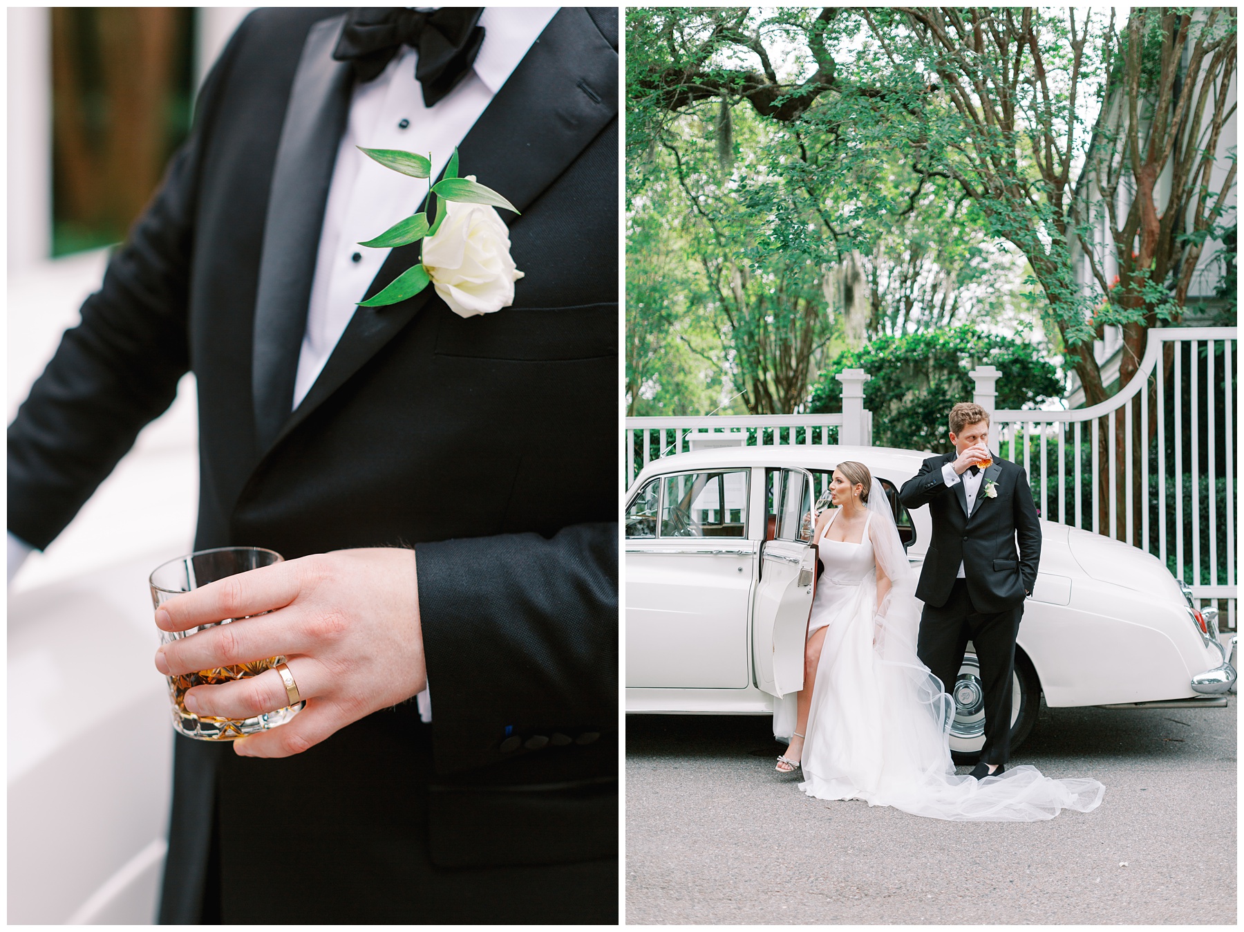 groom holds glass of bourbon showing off gold wedding band leaning out of white classic car