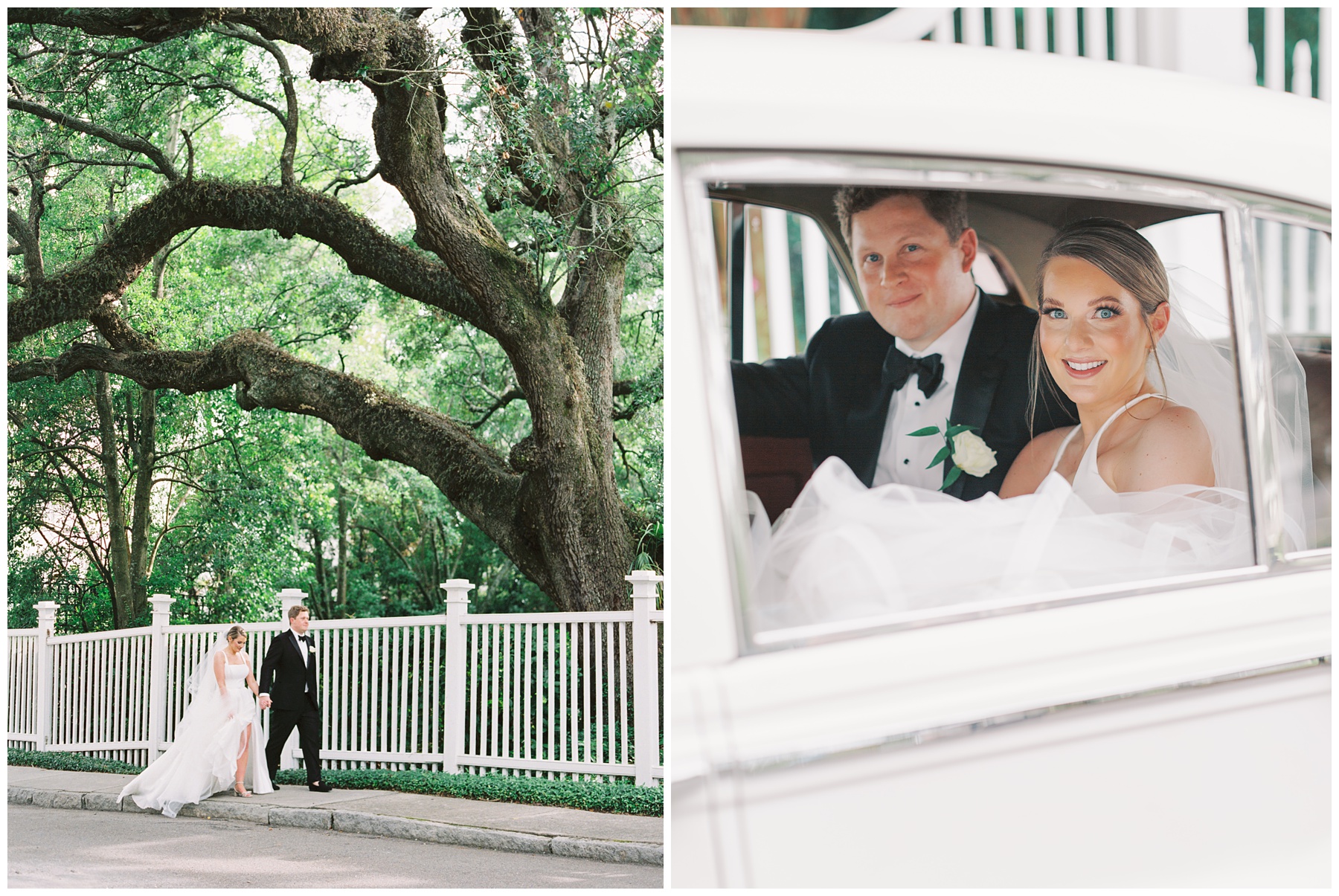 bride and groom hold hands walking down street in Charleston SC and pose from back of white car