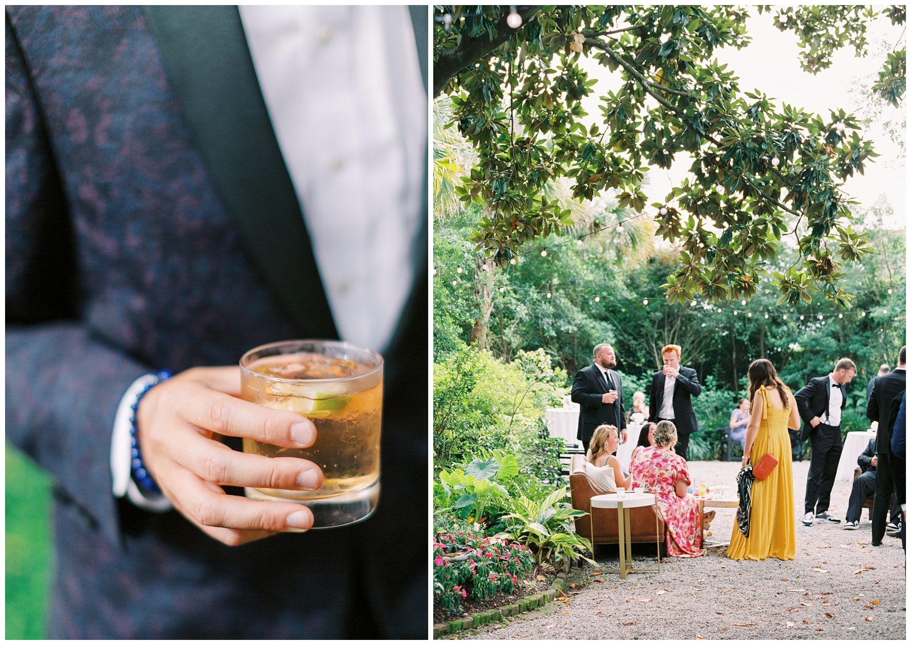 wedding guest holds bourbon drink during Charleston wedding reception at the Governor Thomas Bennett House