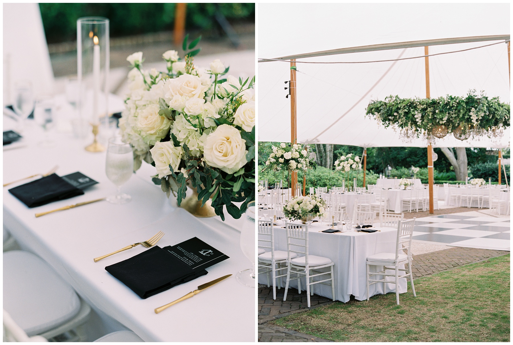 elegant black, white, and gold reception details inside sailcloth tent at the Governor Thomas Bennett House