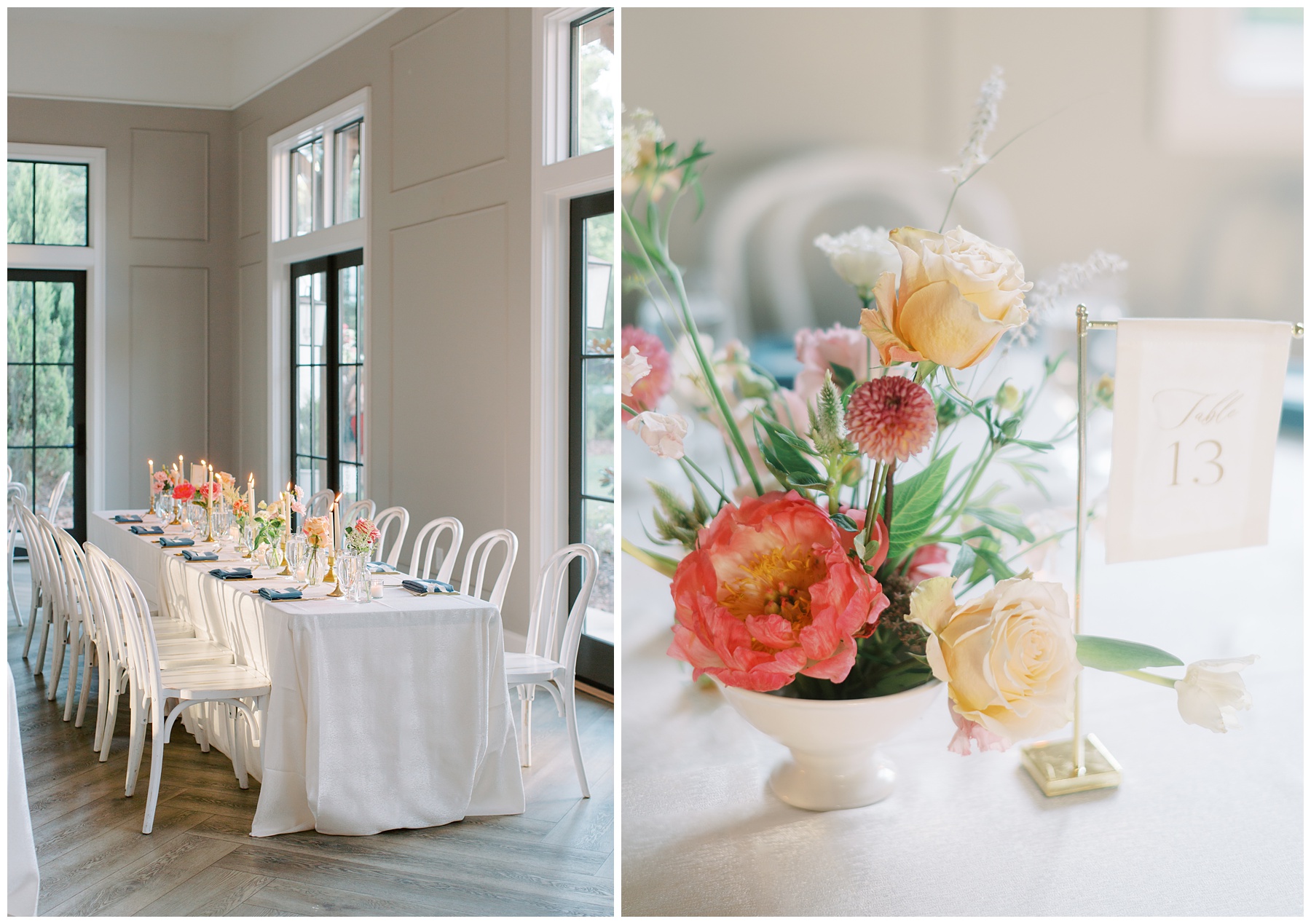 summer wedding reception at The Bradford with long table with tapered candles, pink and orange simple flower centerpieces and cloth table numbers 