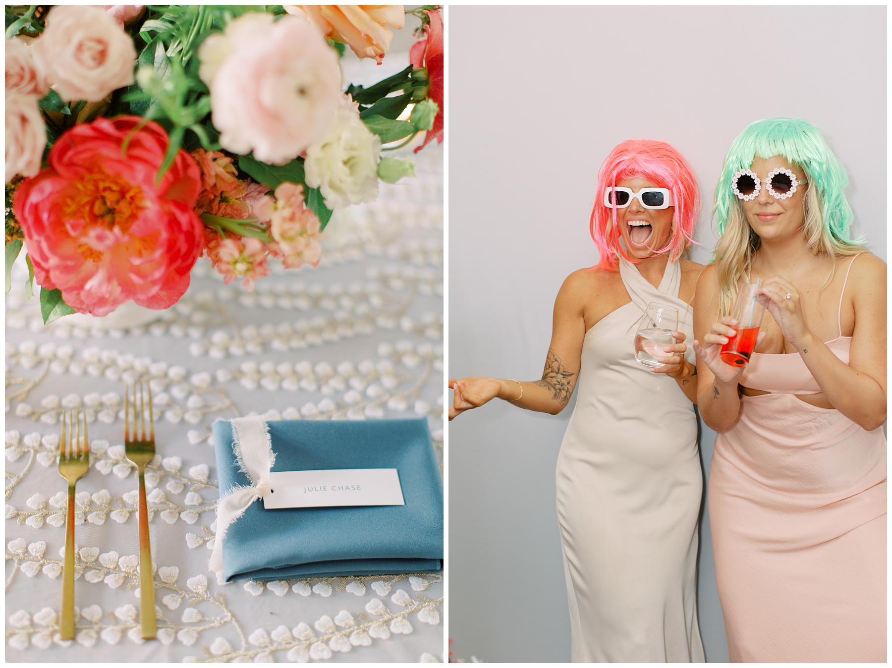 place setting with gold silverware and blue napkin next to photo of guests wearing bright wigs and sunglasses in photo booth 
