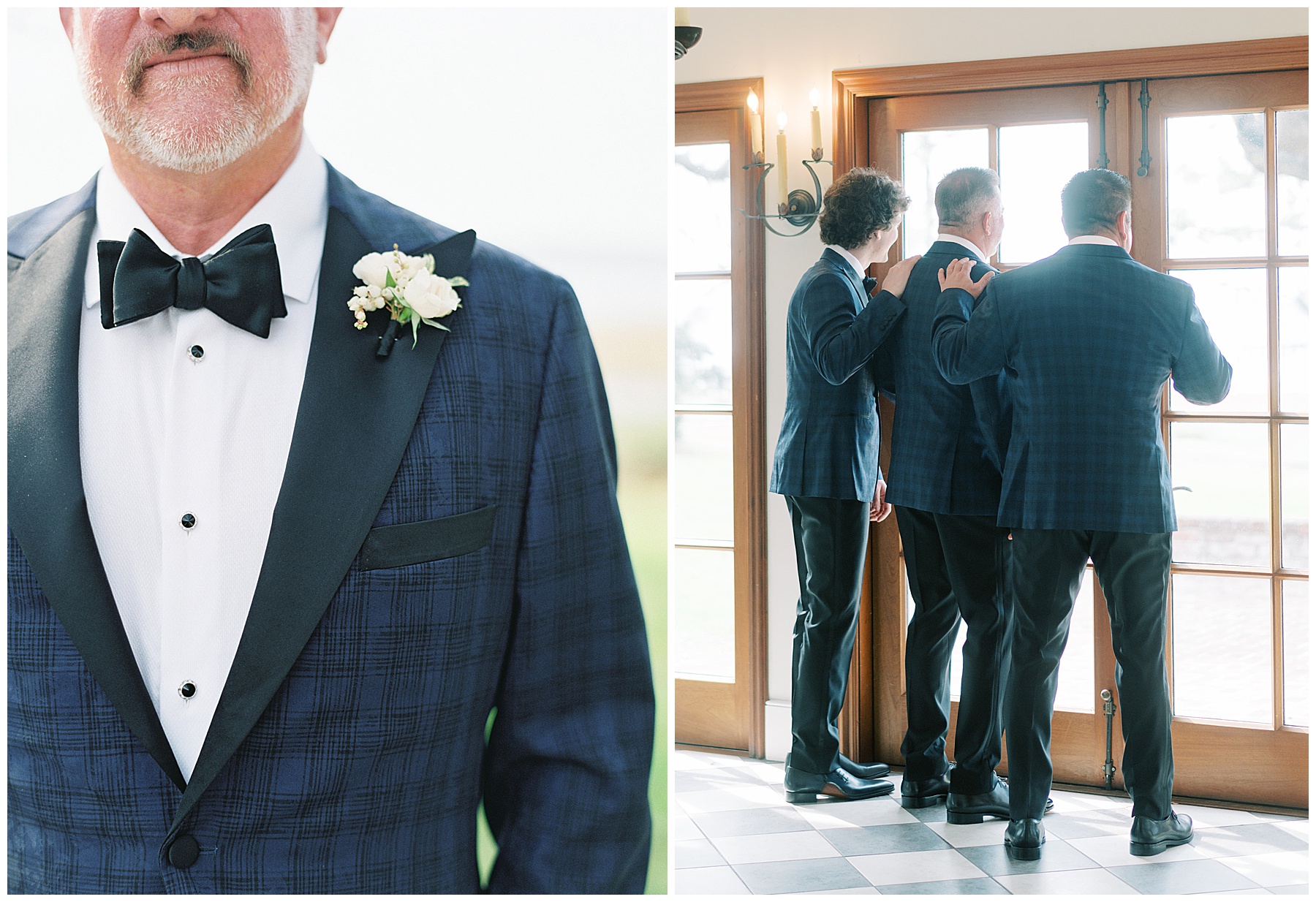 groom stands in blue and black plaid jacket with white flower boutonnière at Lowndes Grove