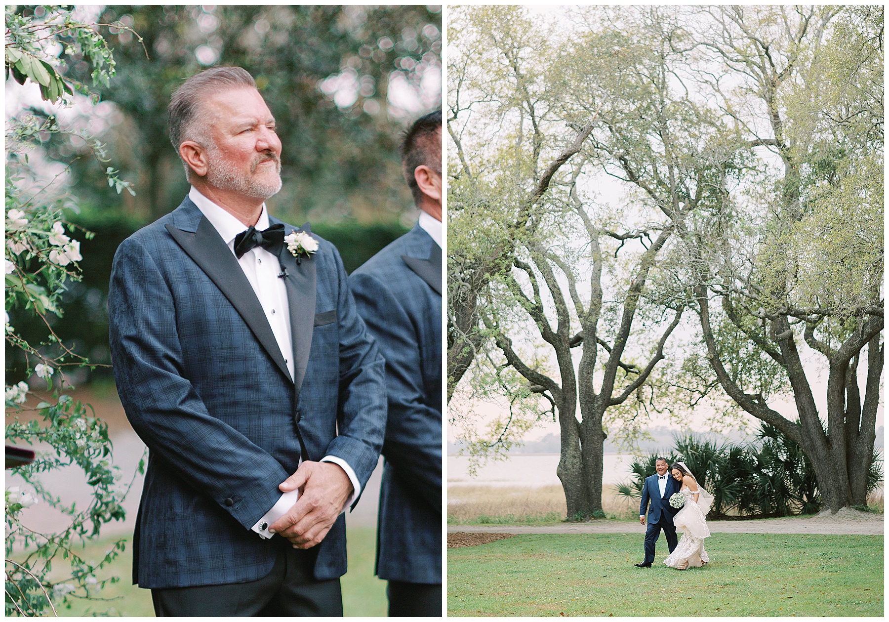 groom in blue plaid suit smiles as bride walks down aisle on lawn at Lowndes Grove