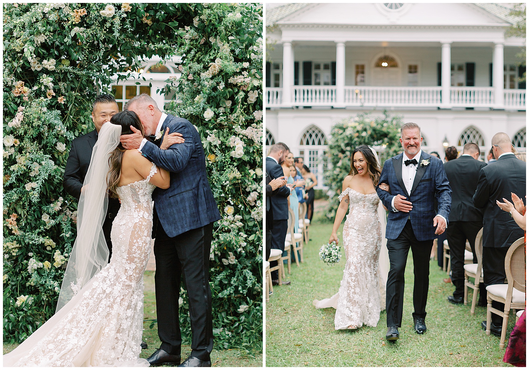 newlyweds kiss and walk up aisle on lawn at Lowndes Grove