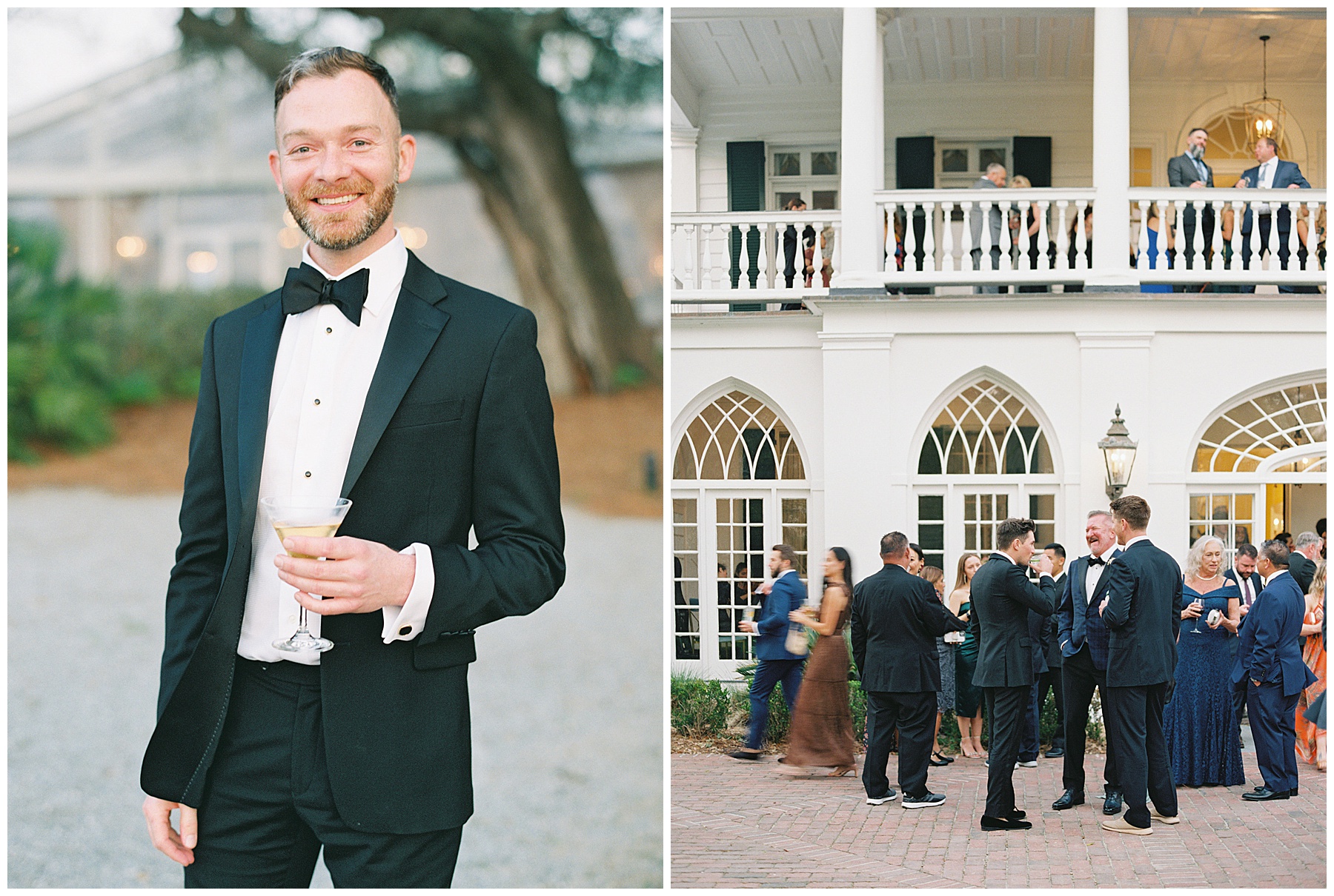 groomsman hold martinis outside Lowndes Grove