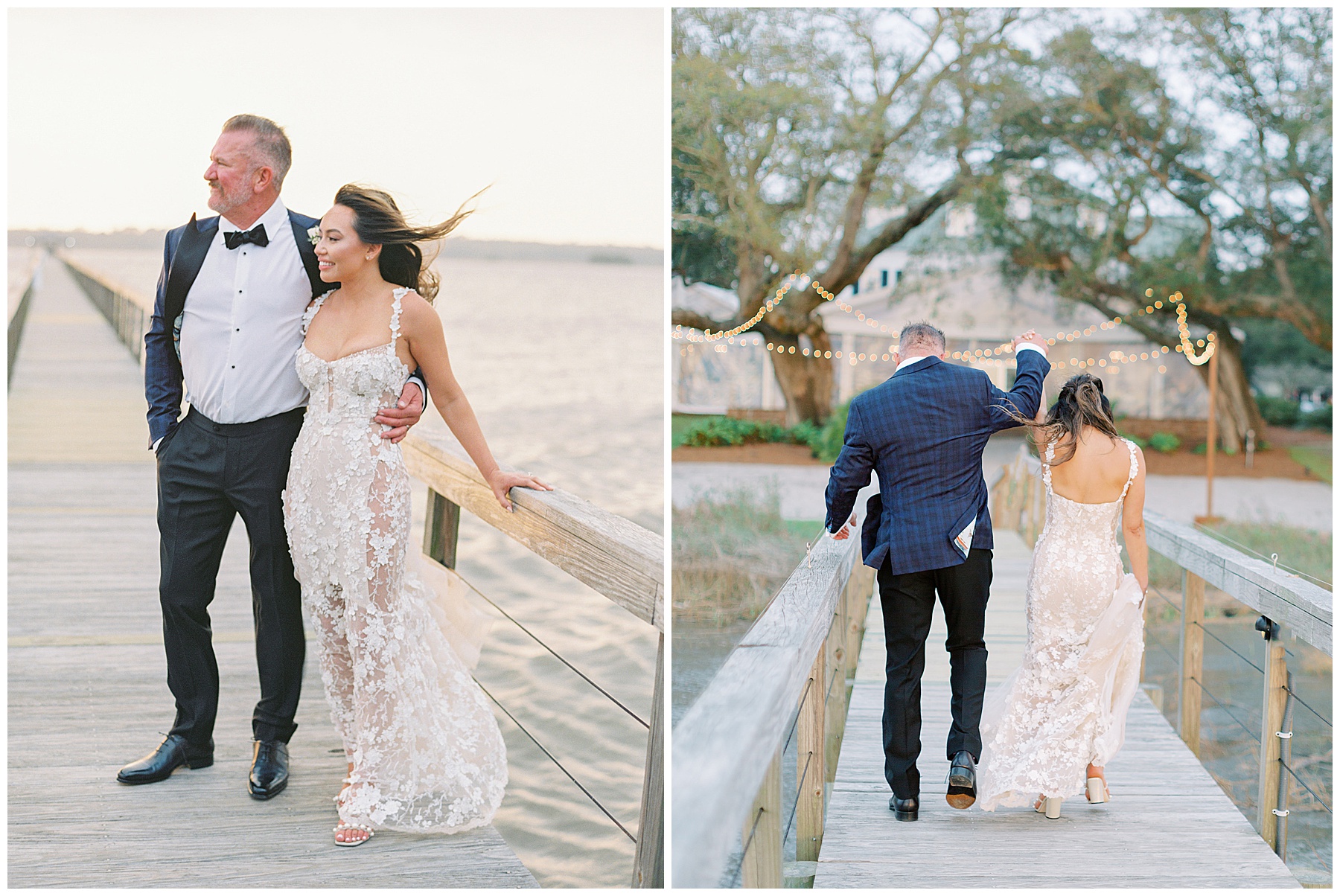 newlyweds hold hands walking on wooden dock during spring wedding photos at Lowndes Grove