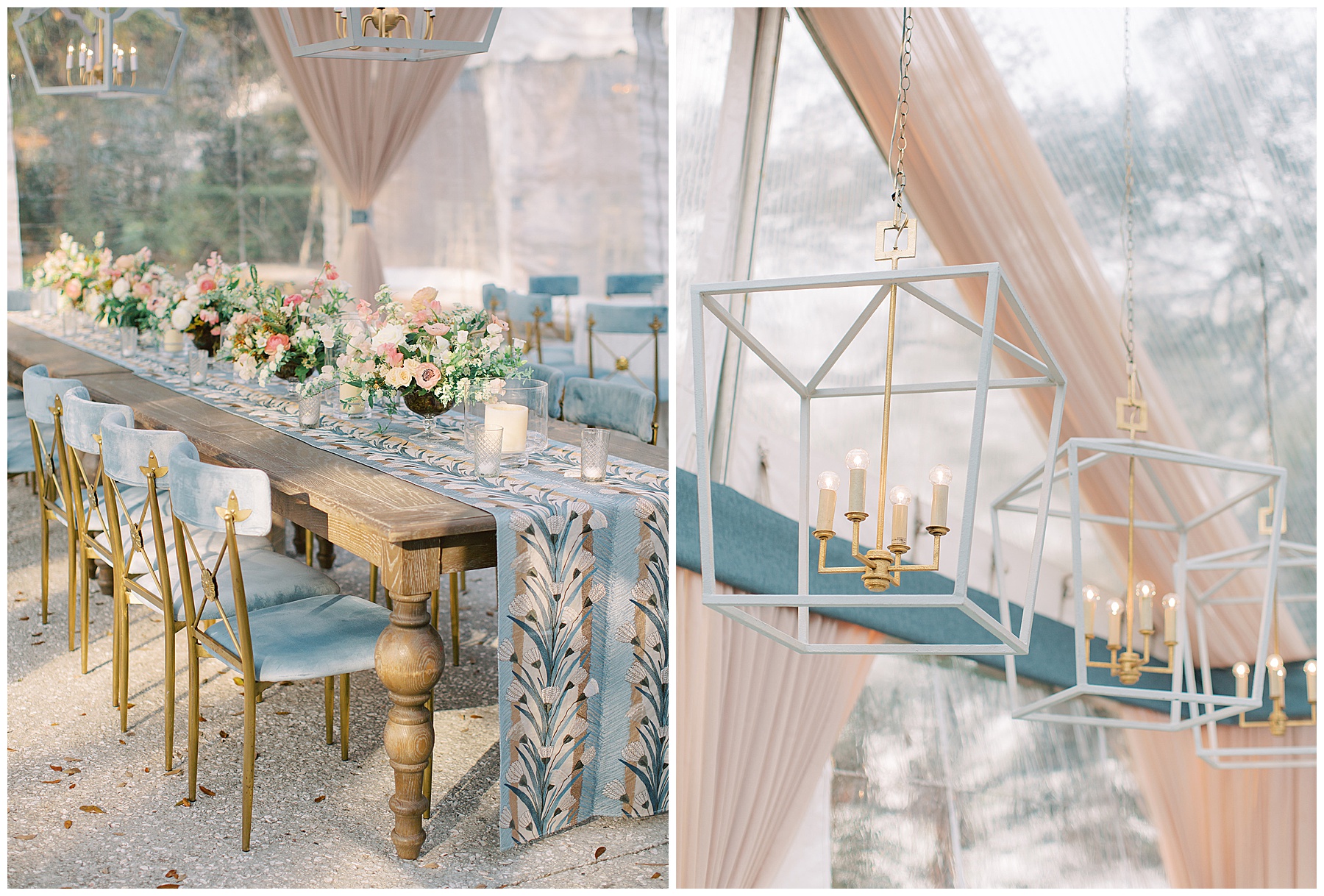 hanging lanterns with gold candles and wooden table full of spring flowers at Lowndes Grove