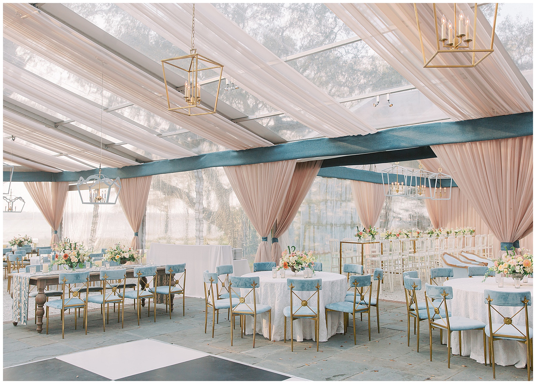 wedding reception with pink curtains, blue and gold chairs at Lowndes Grove