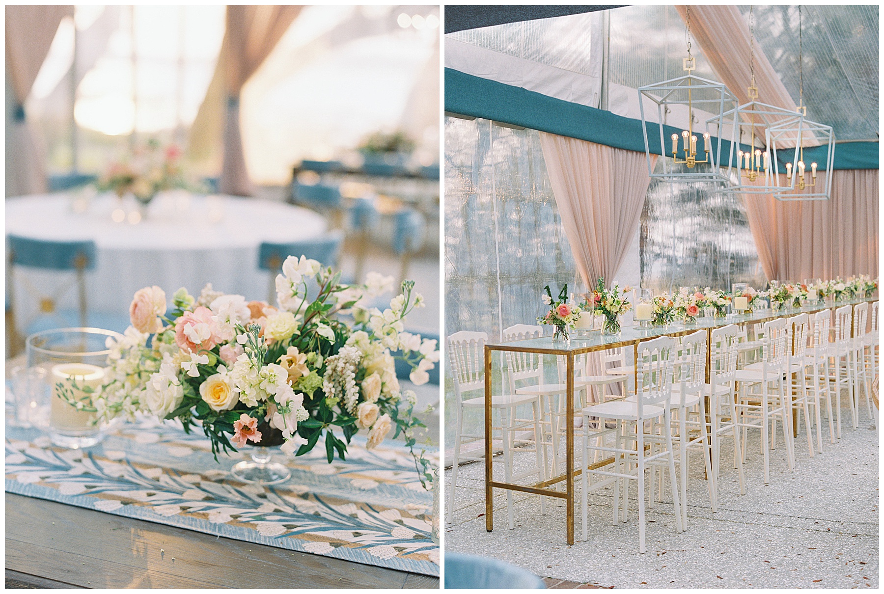 springtime wedding reception with peach and white flowers at Lowndes Grove under clear tent 
