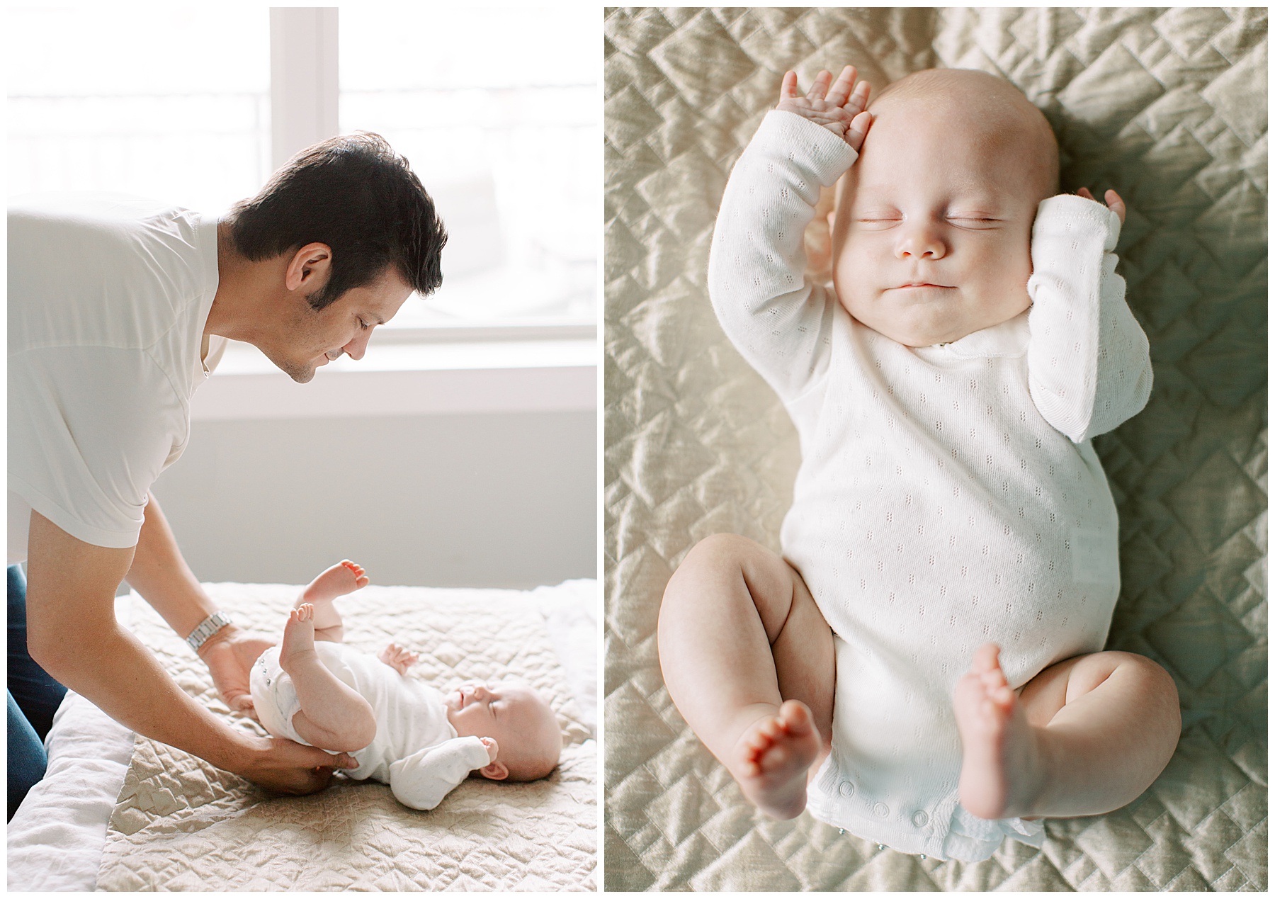 baby boy lays in white knit onesie during Charlotte in-home newborn session