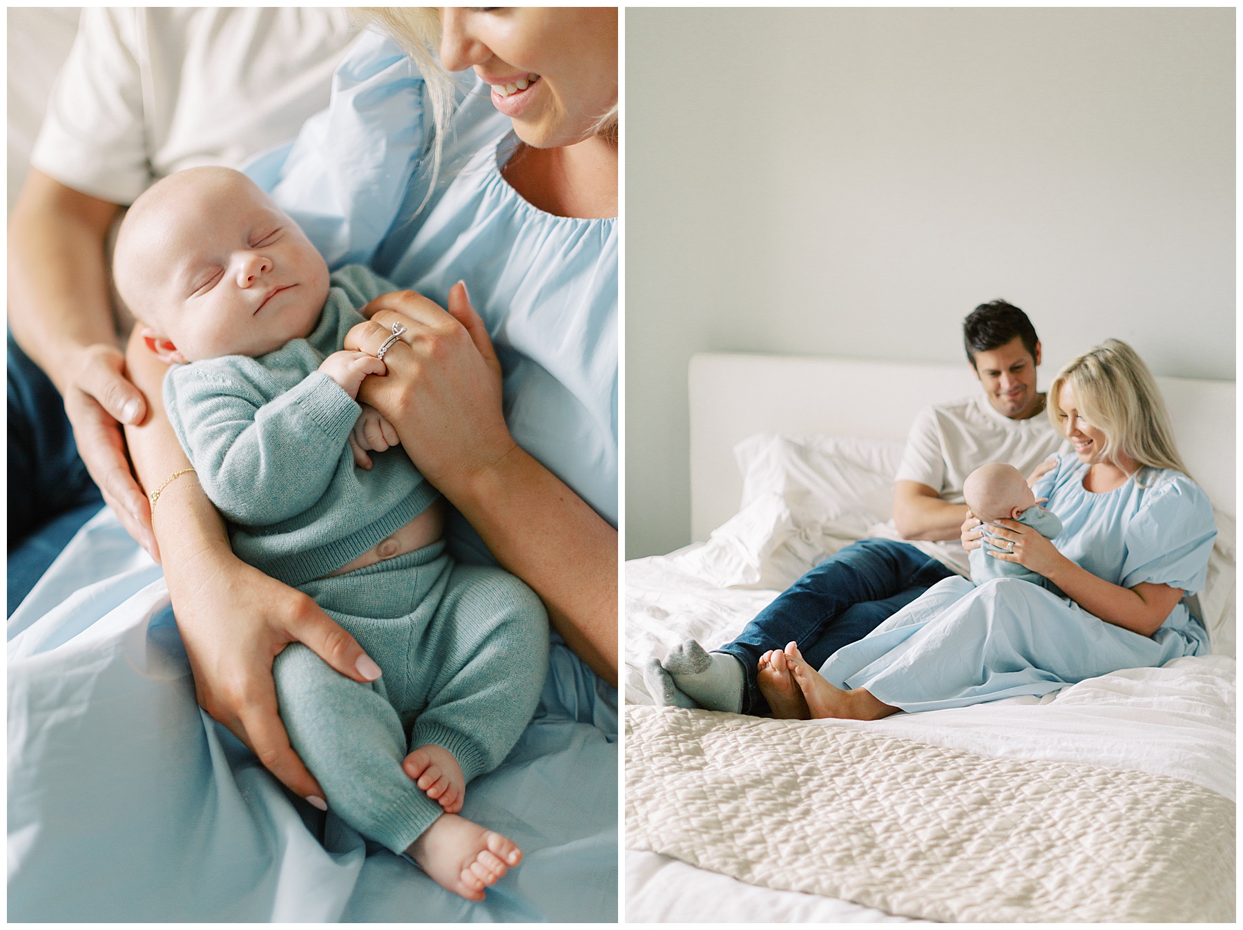 parents snuggle with new son in their laps during in-home newborn session