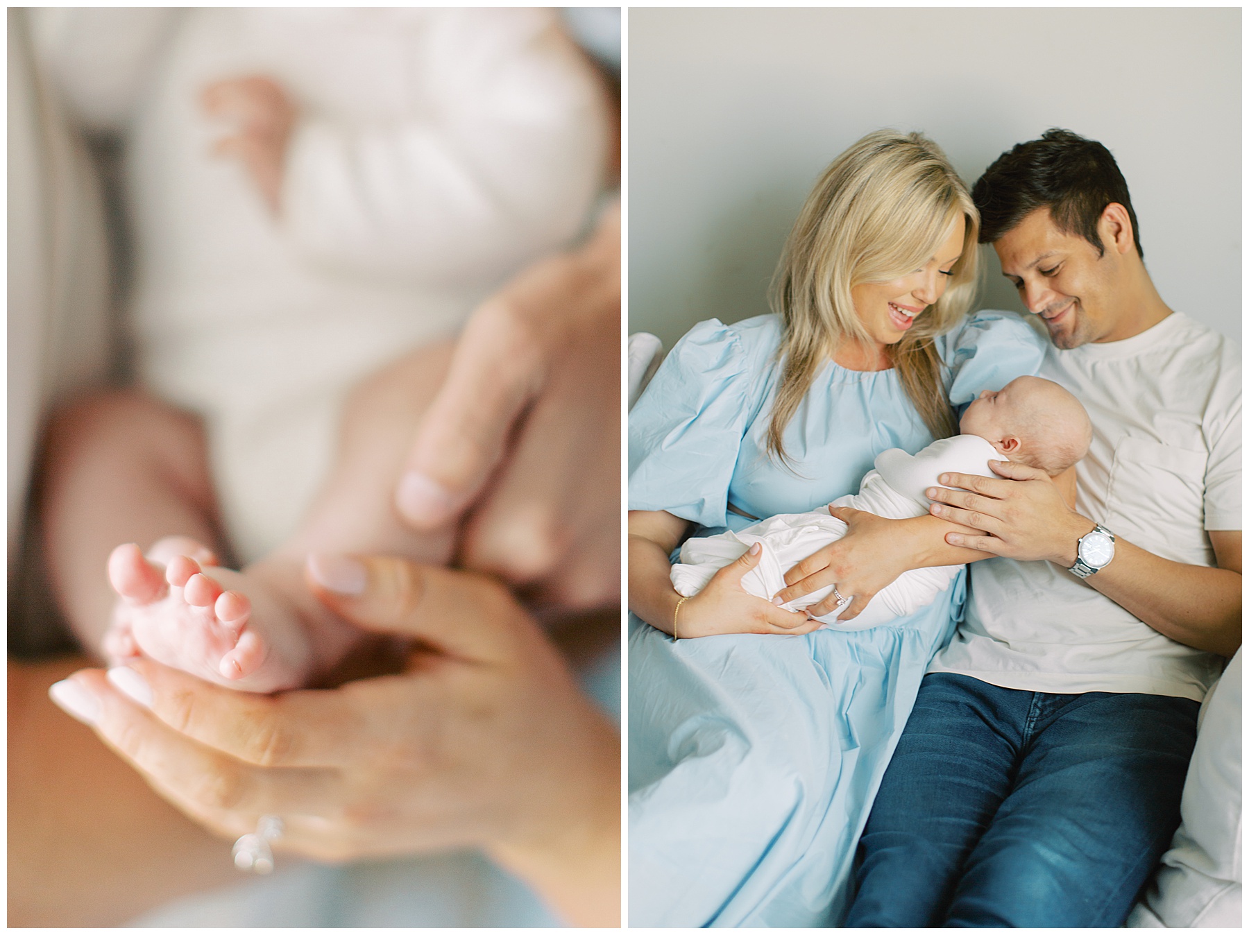 new parents snuggle with baby boy holding his tiny foot during in-home newborn session