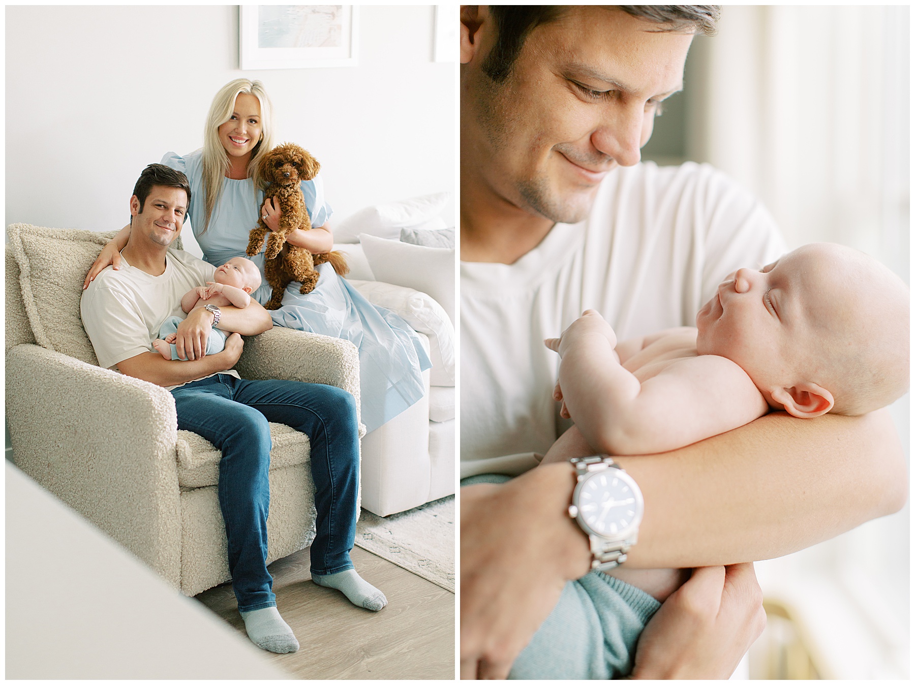 parents snuggle with newborn son and puppy during Charlotte in-home newborn session