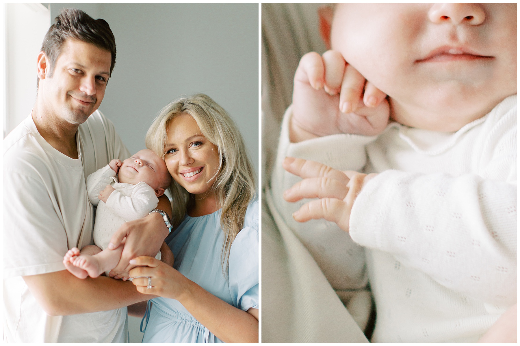 parents hold new son between them snuggling during Charlotte newborn session at home