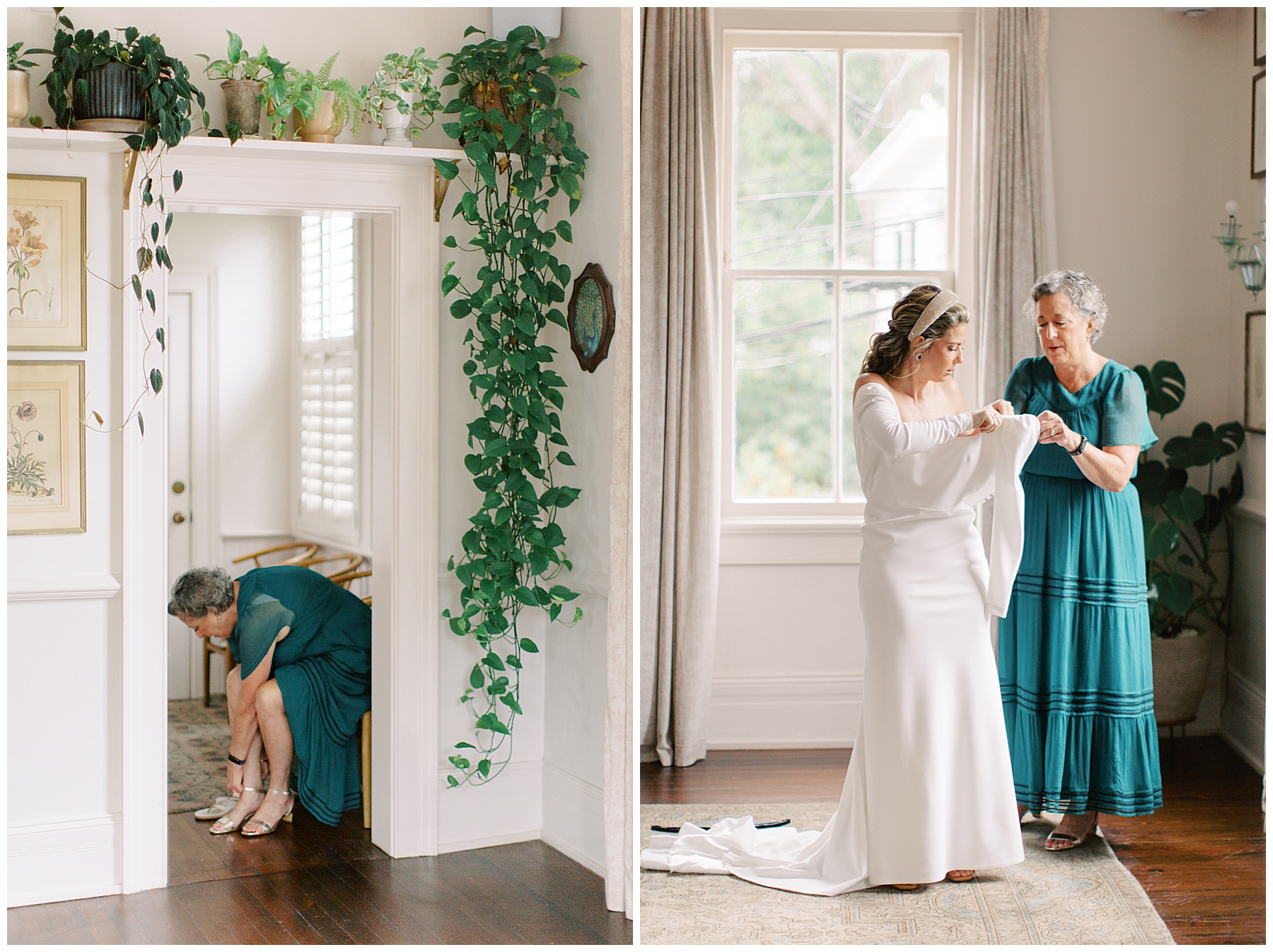 mother in teal dress helps bride into long sleeve wedding gown in bedroom of the Post House Inn