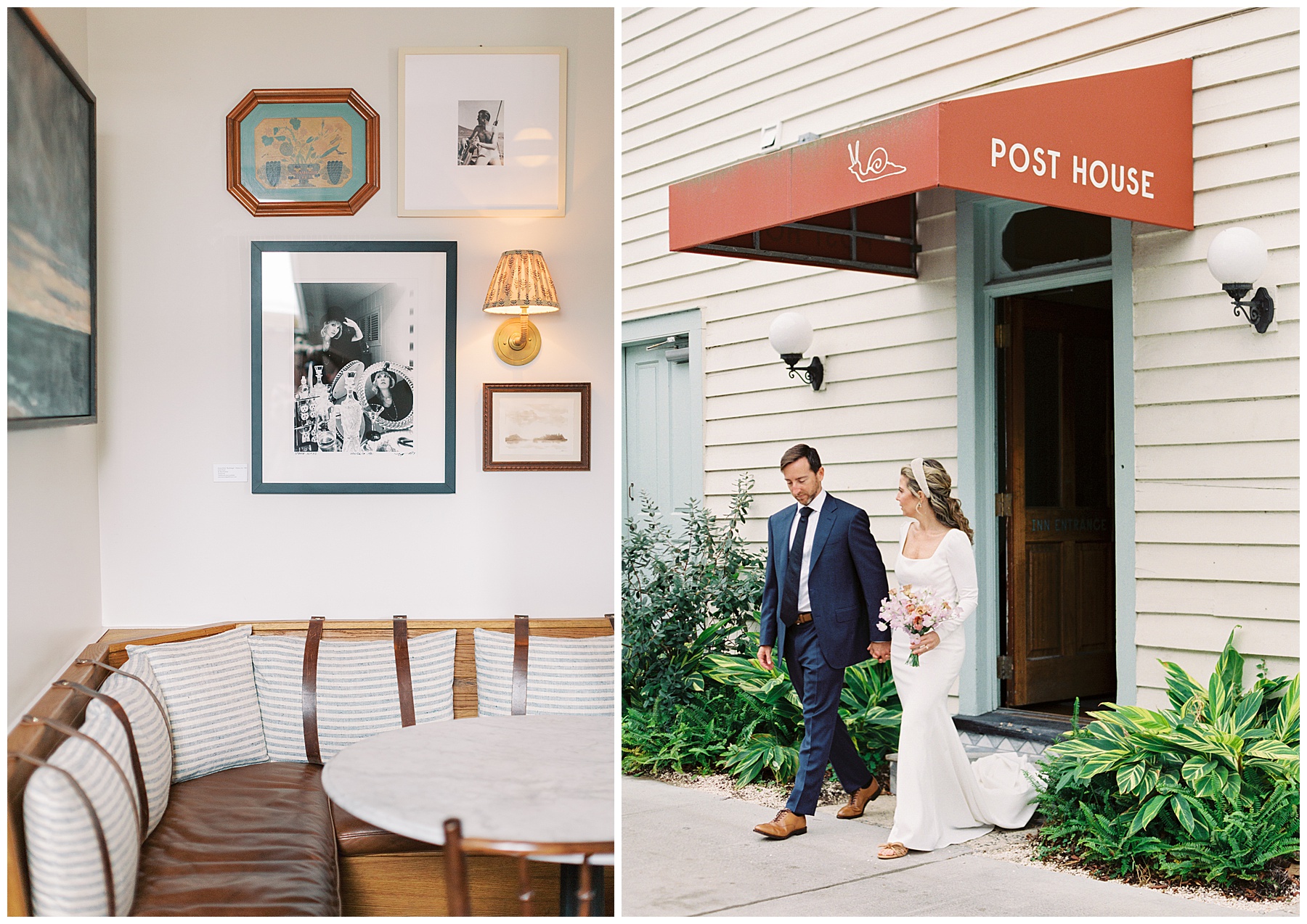 groom holds hands with bride walking out of wooden door frame outside the Post House Inn