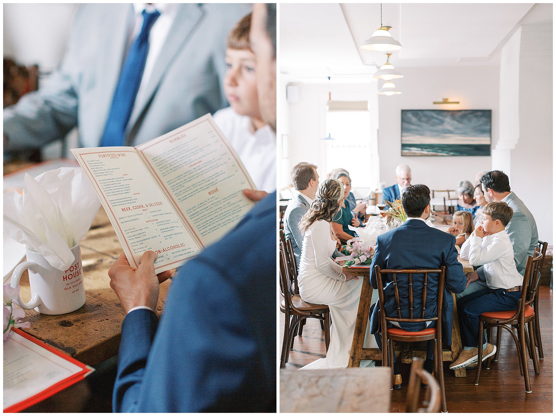 bride and groom sit at table with guests inside Post House Inn to eat 