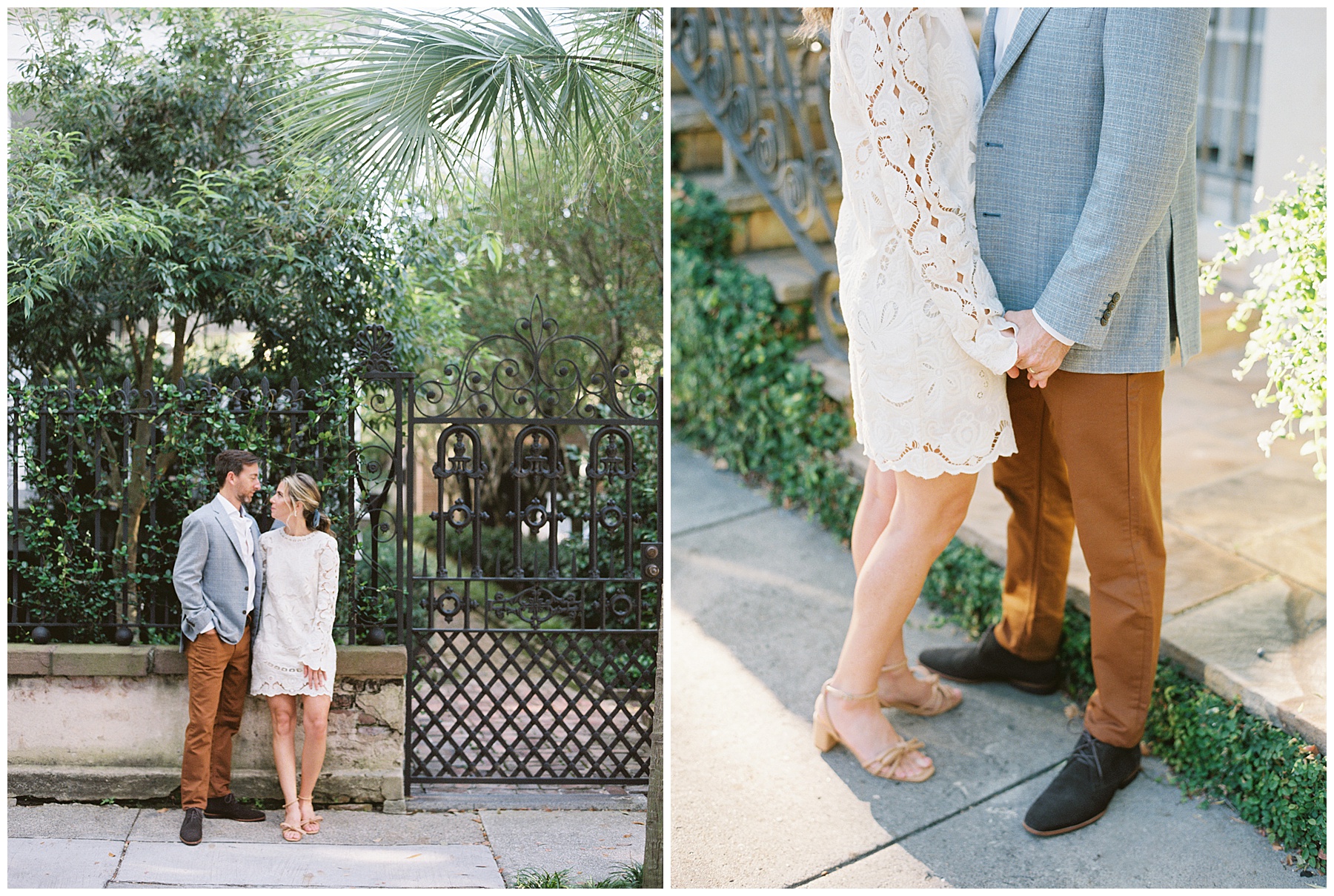 bride and groom pose in front of wrought iron gates in Charleston SC