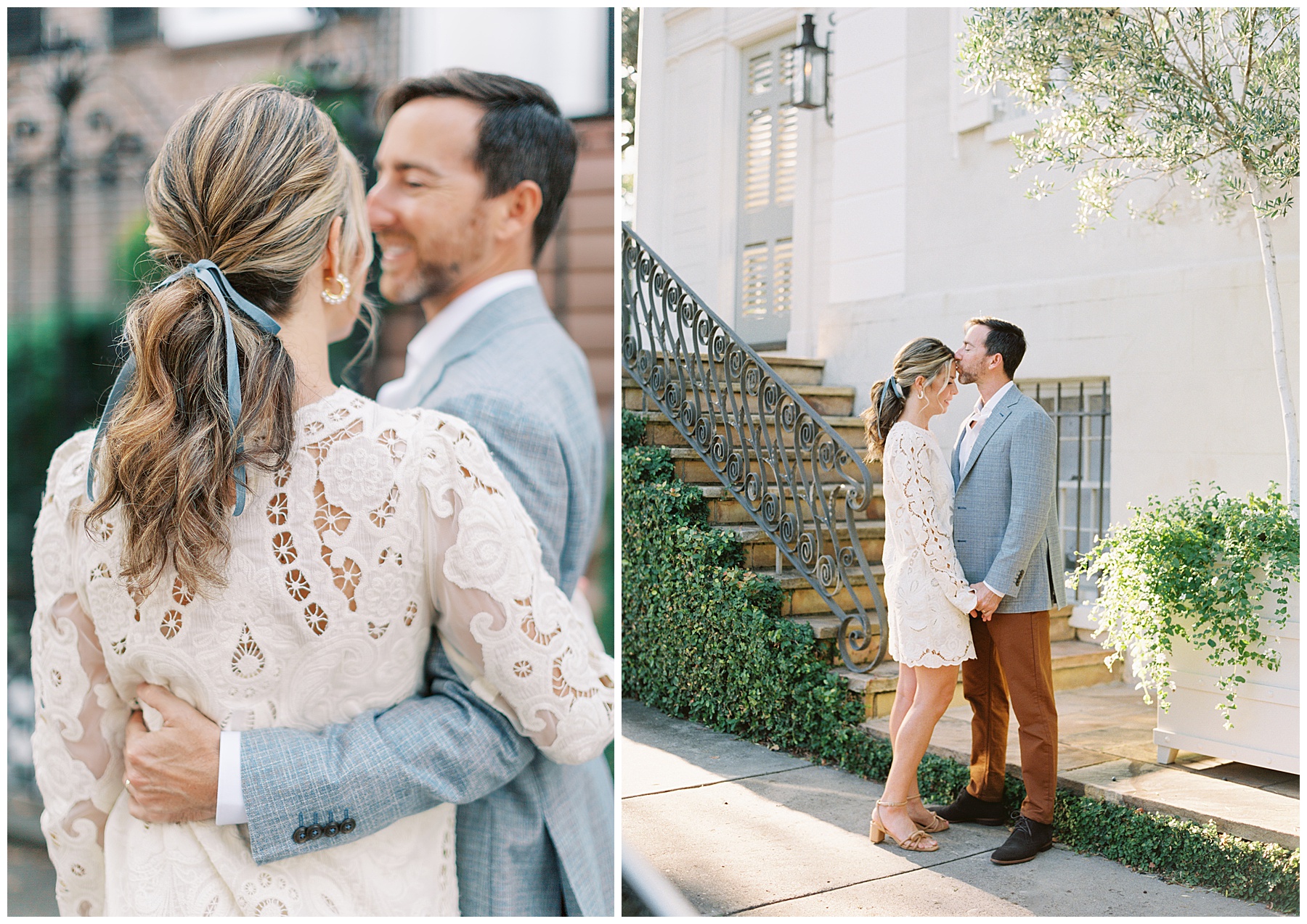 groom hugs bride in lace dress with blue ribbon in her hear outside Charleston SC home