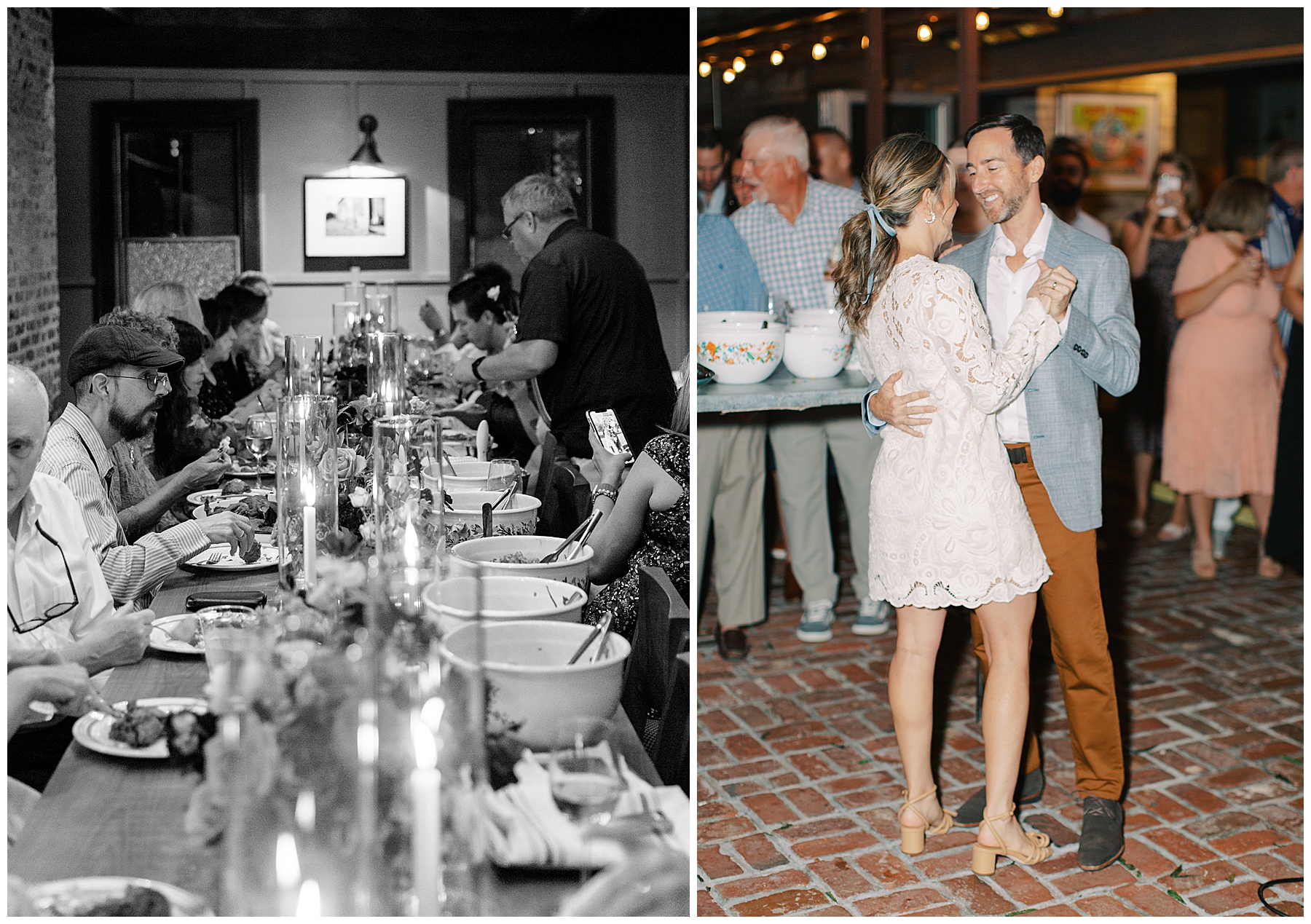 bride and groom dance together at Post House Inn while family eats family style 