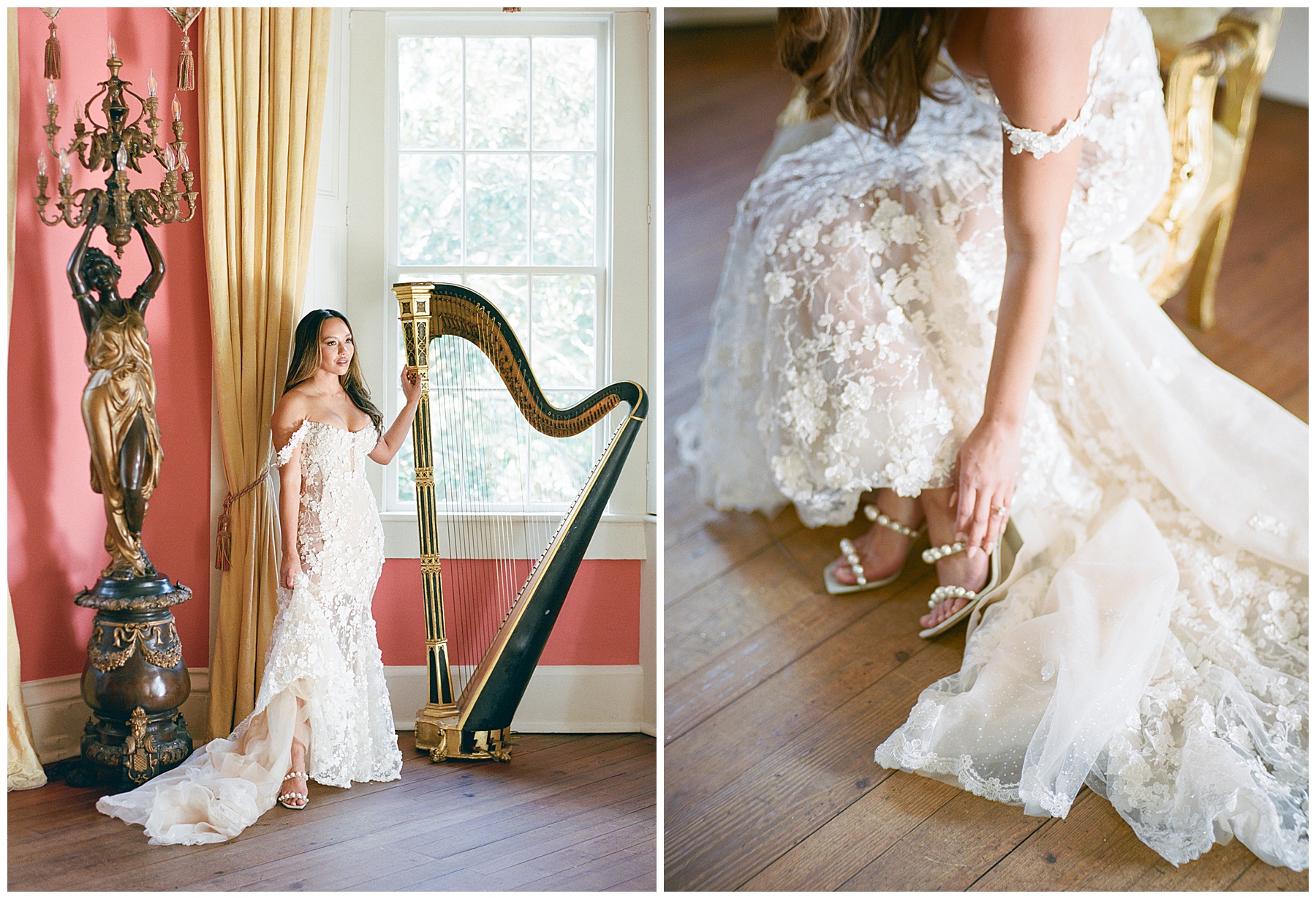 bride poses with black and gold harp putting on white shoes during bridal portraits at the William Aiken House