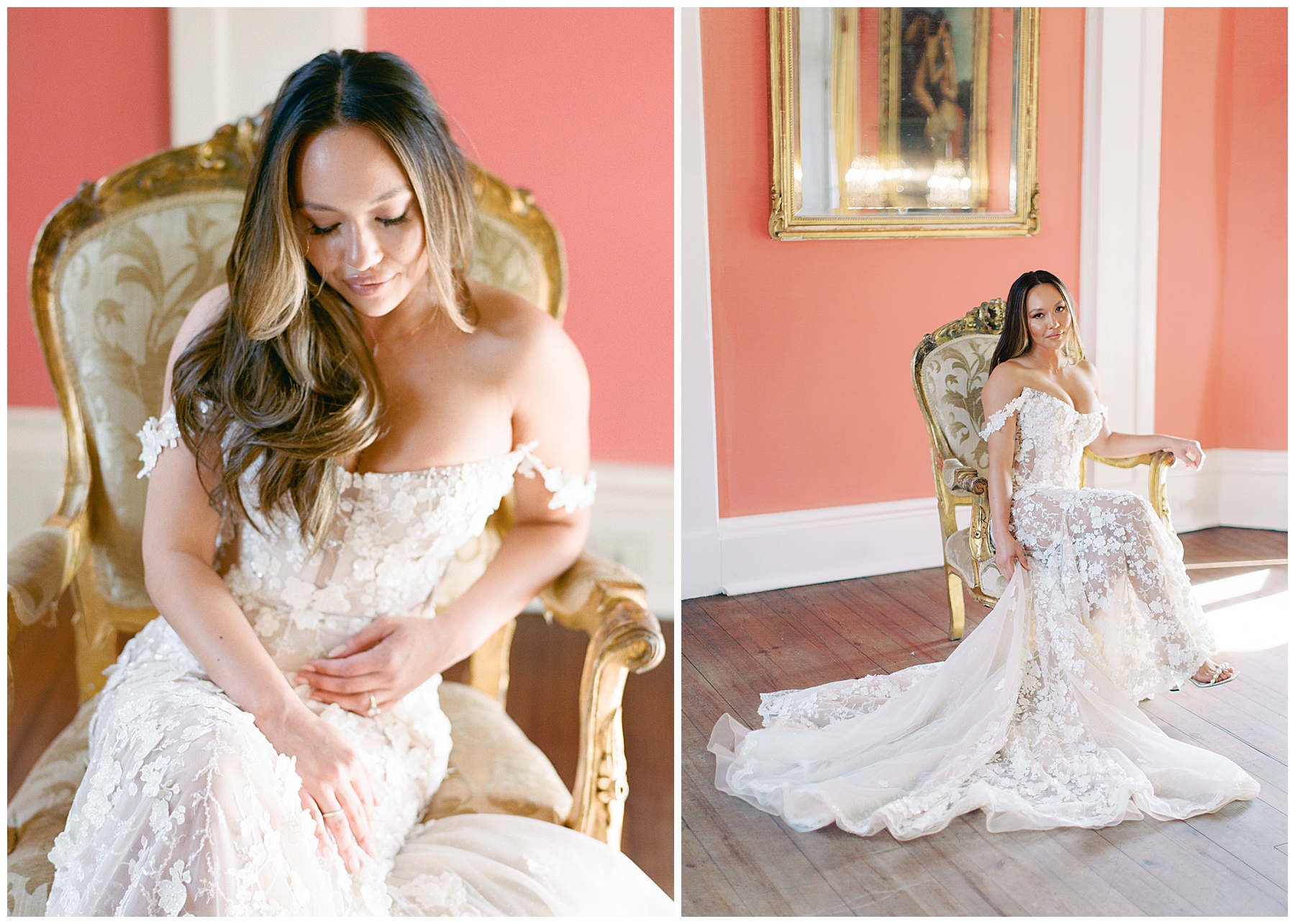 bride sits in gown inside coral room of the William Aiken House in off-the-shoulder wedding gown