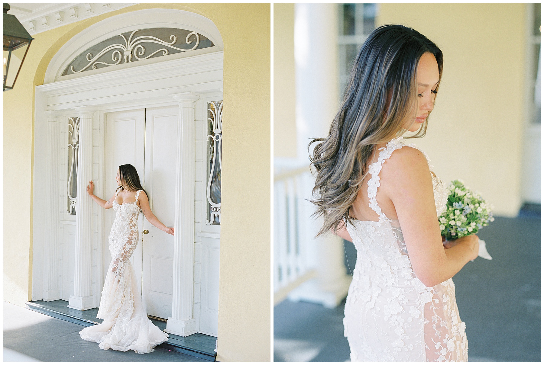 bride stands in the doorway of the William Aiken House in wedding gown with lace flower accents 