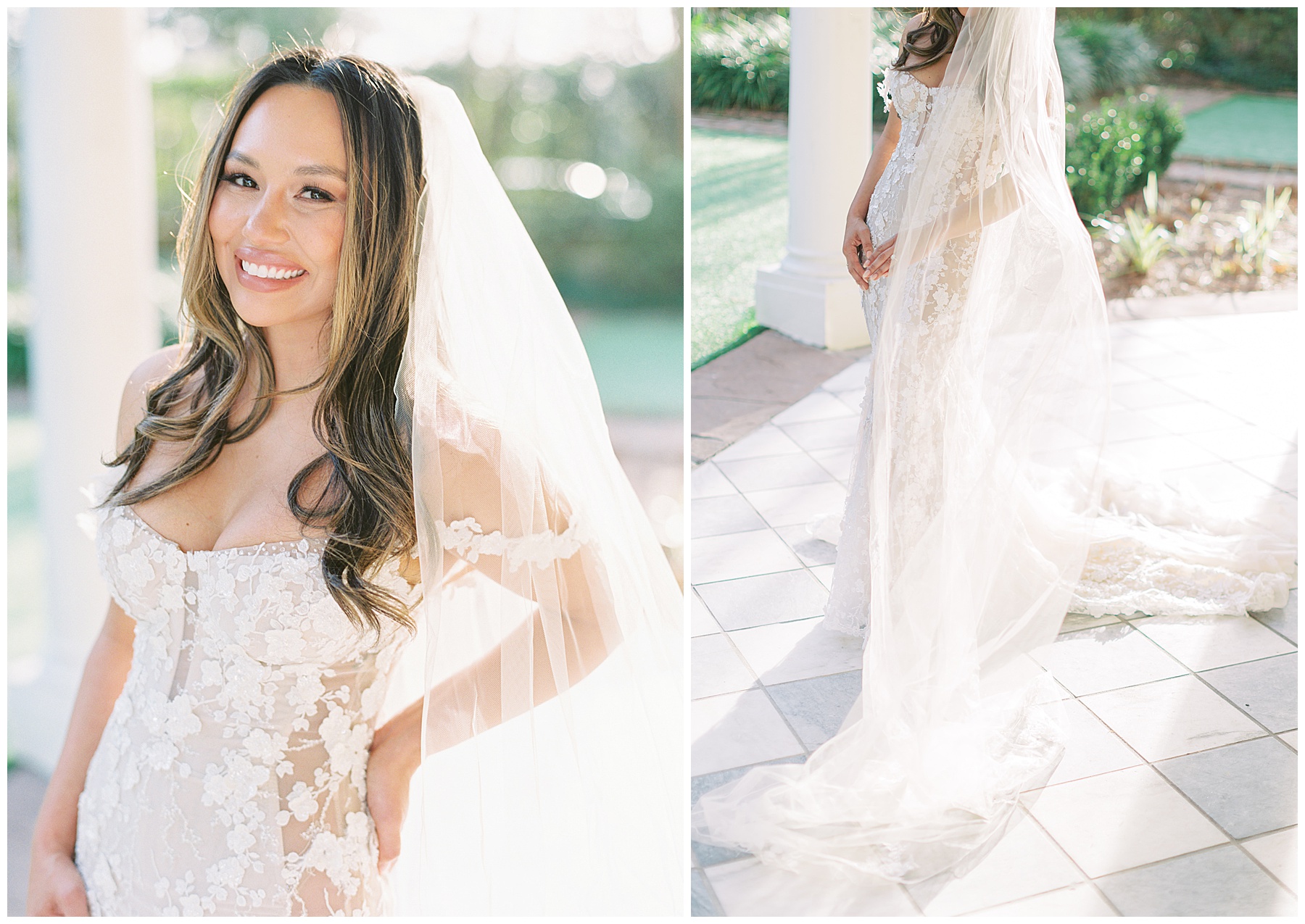 bride grins with hand on her hip with veil draped around her shoulders during Charleston bridal portraits 