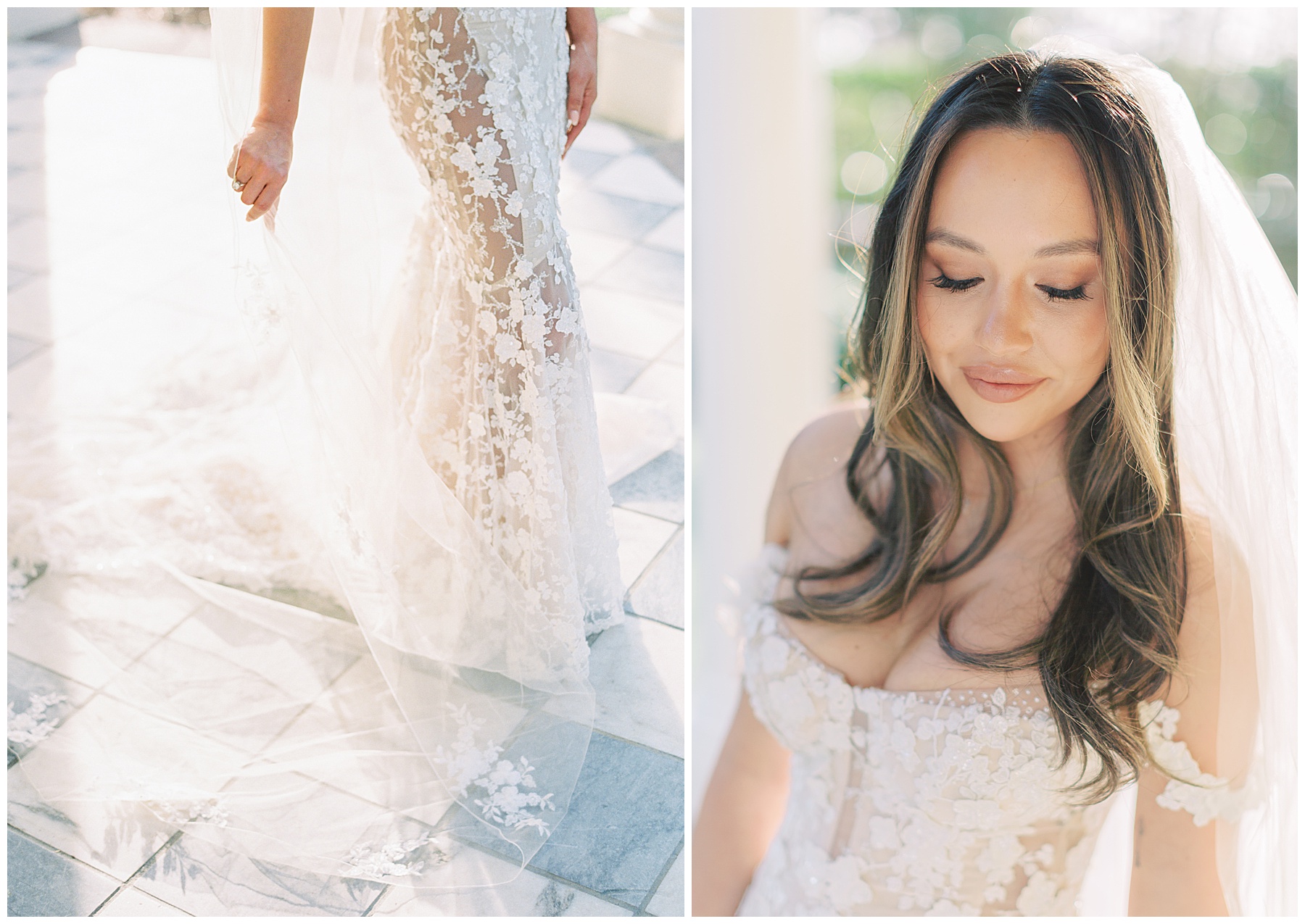 bride looks down with veil around her shoulders on blue and white tile