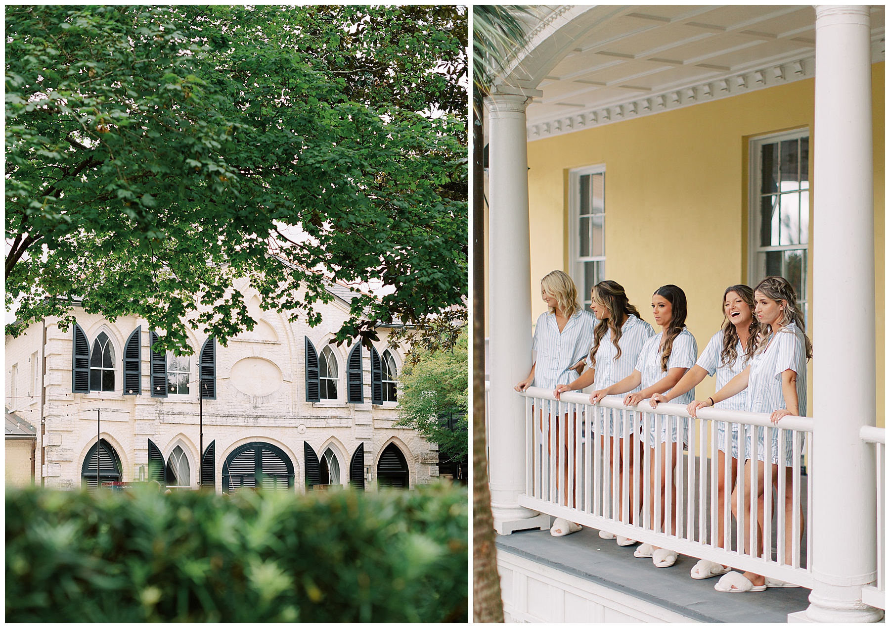 bridesmaids stand on balcony at the William Aiken House in matching pajamas 