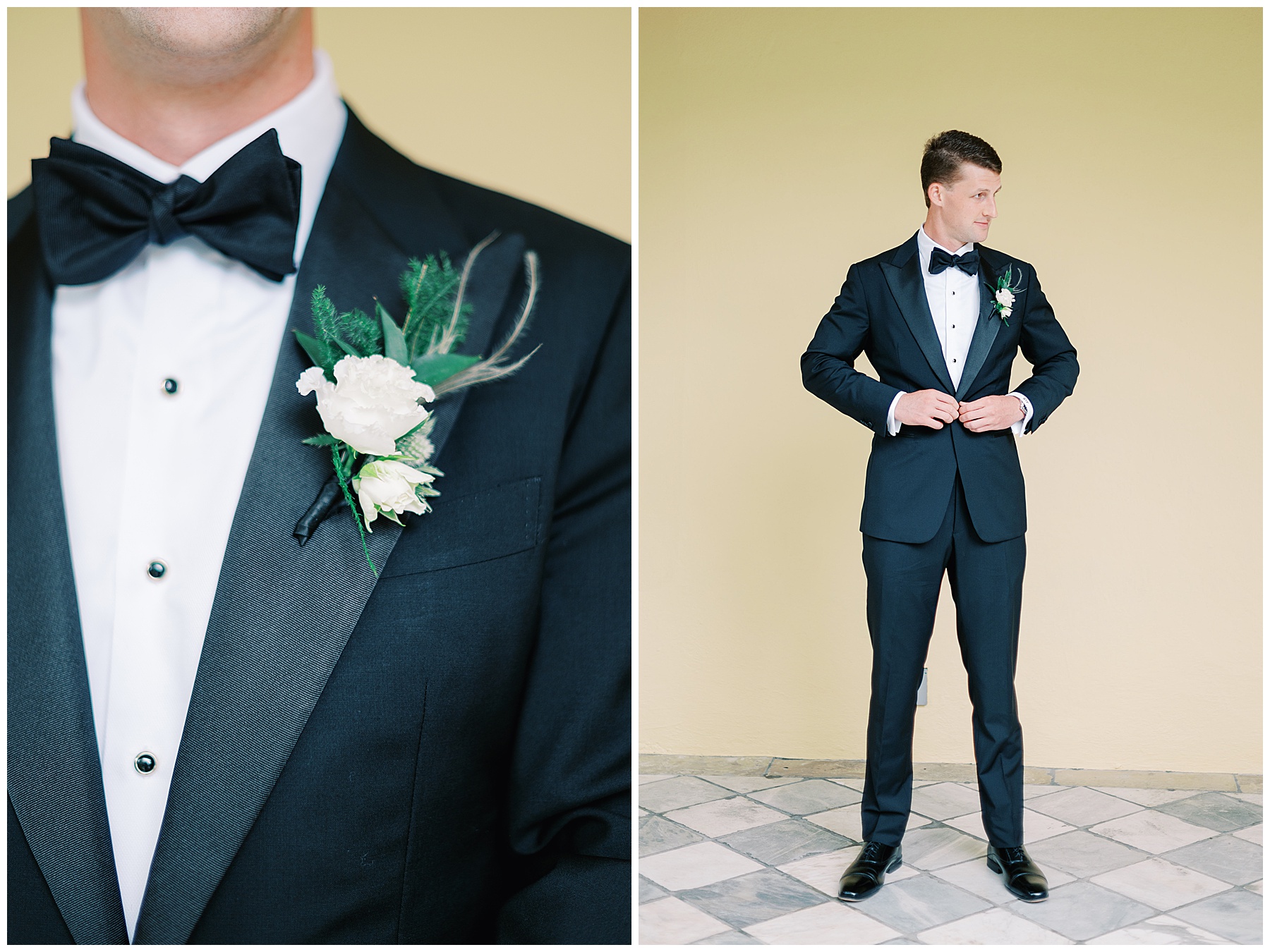 groom buttons up tux jacket with white and green boutineere on his lapel 